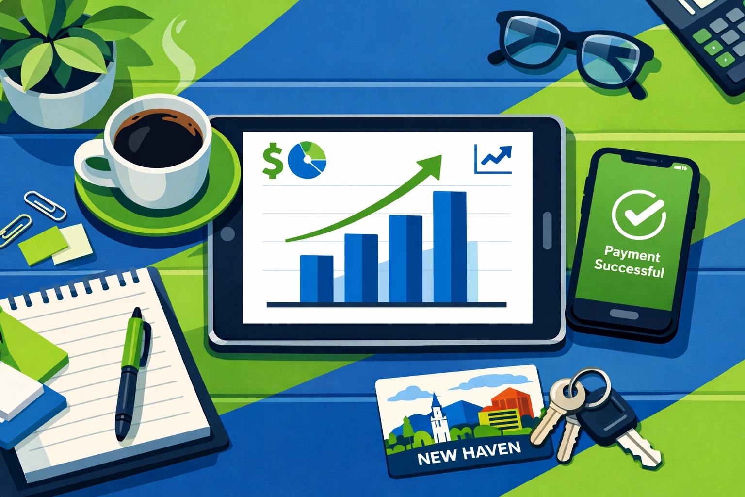 Modern workspace illustration representing expert small business tax services in New Haven.