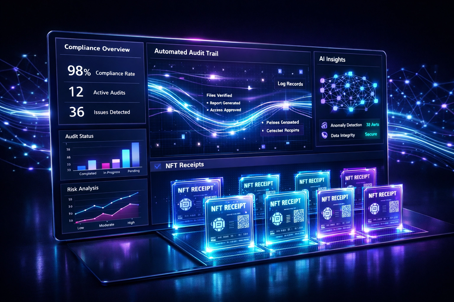 Automated compliance dashboard with NFT receipt system and real-time audit trails for merchants