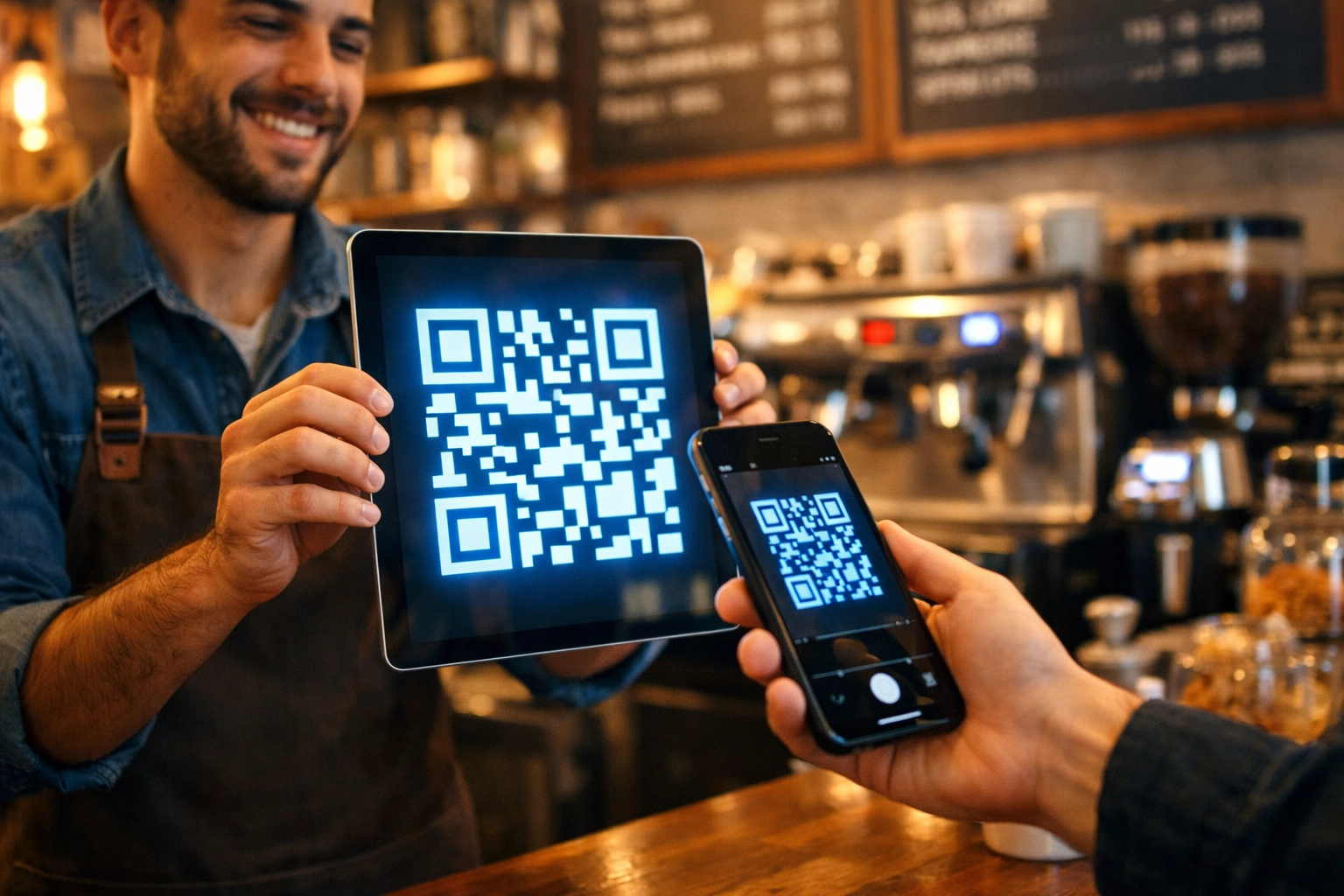 Customer scanning QR code at coffee shop for contactless crypto payment with smartphone