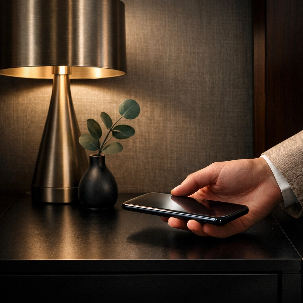 Guest using a smartphone for frictionless hotel payments and seamless digital guest experience.