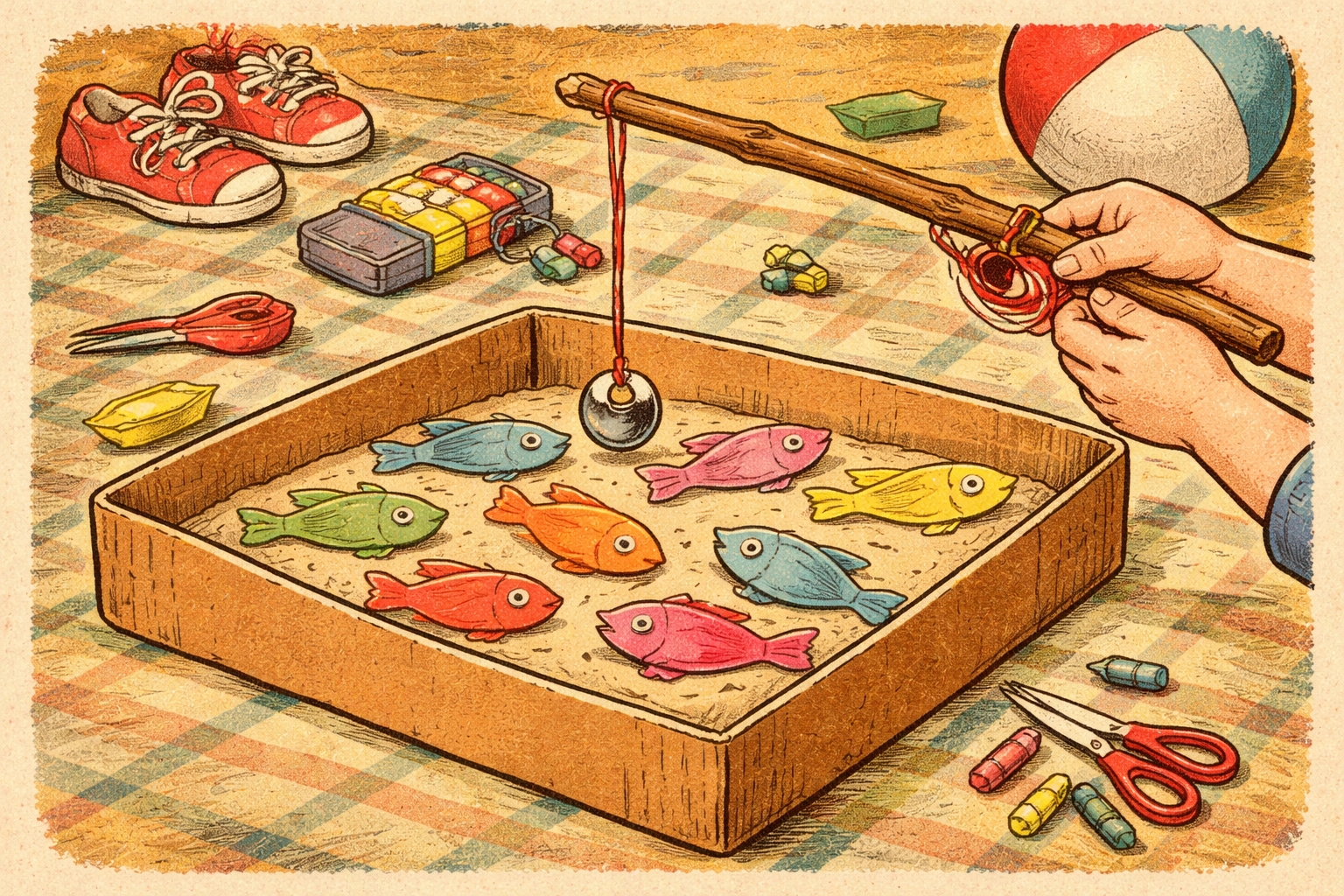 Colorful paper fish inside a box and a wooden fishing pole, perfectly set for a fun indoor fishing game