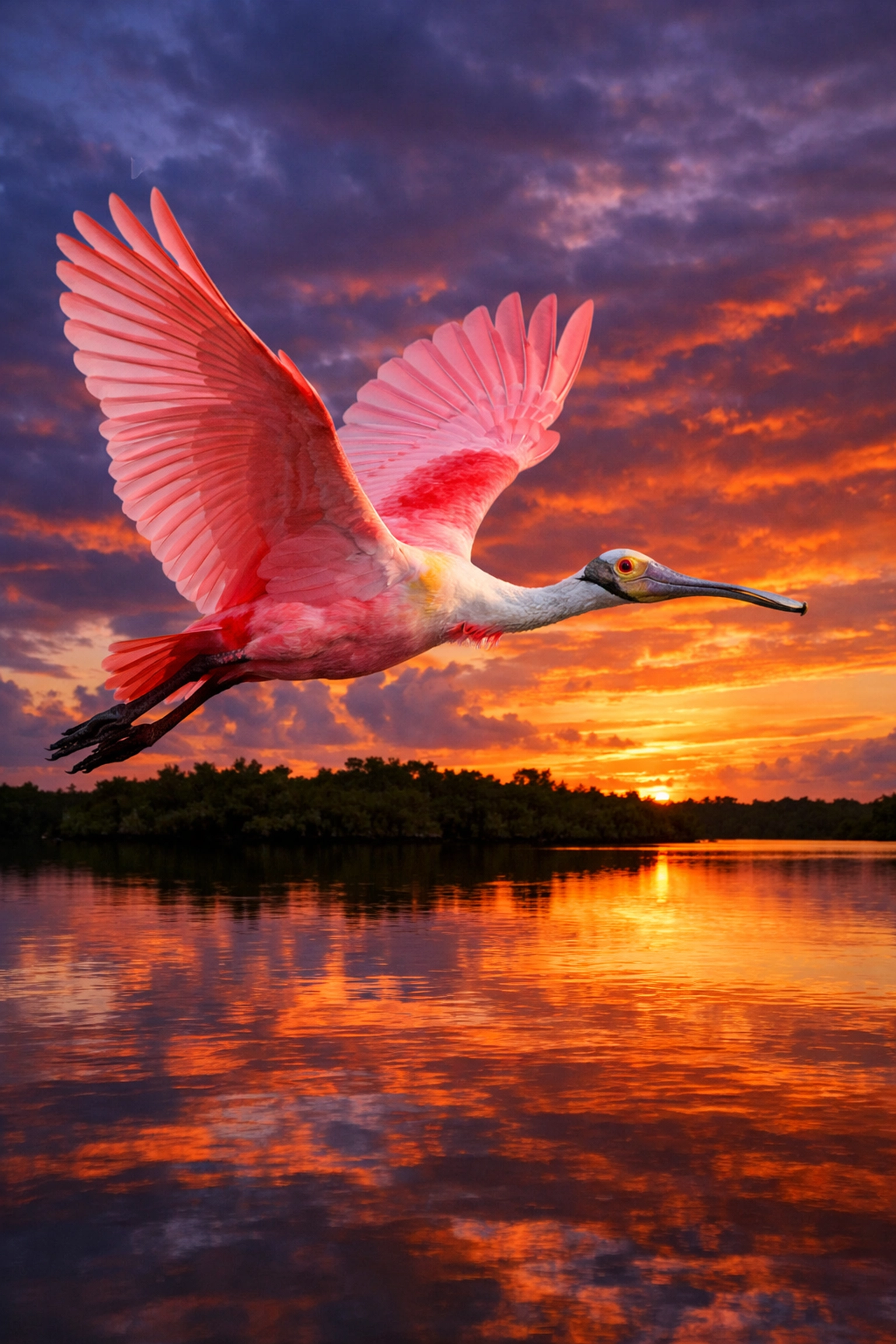 A Roseate Spoonbill in flight at sunset over Eco Pond, a perfect scene for Florida wildlife photography.