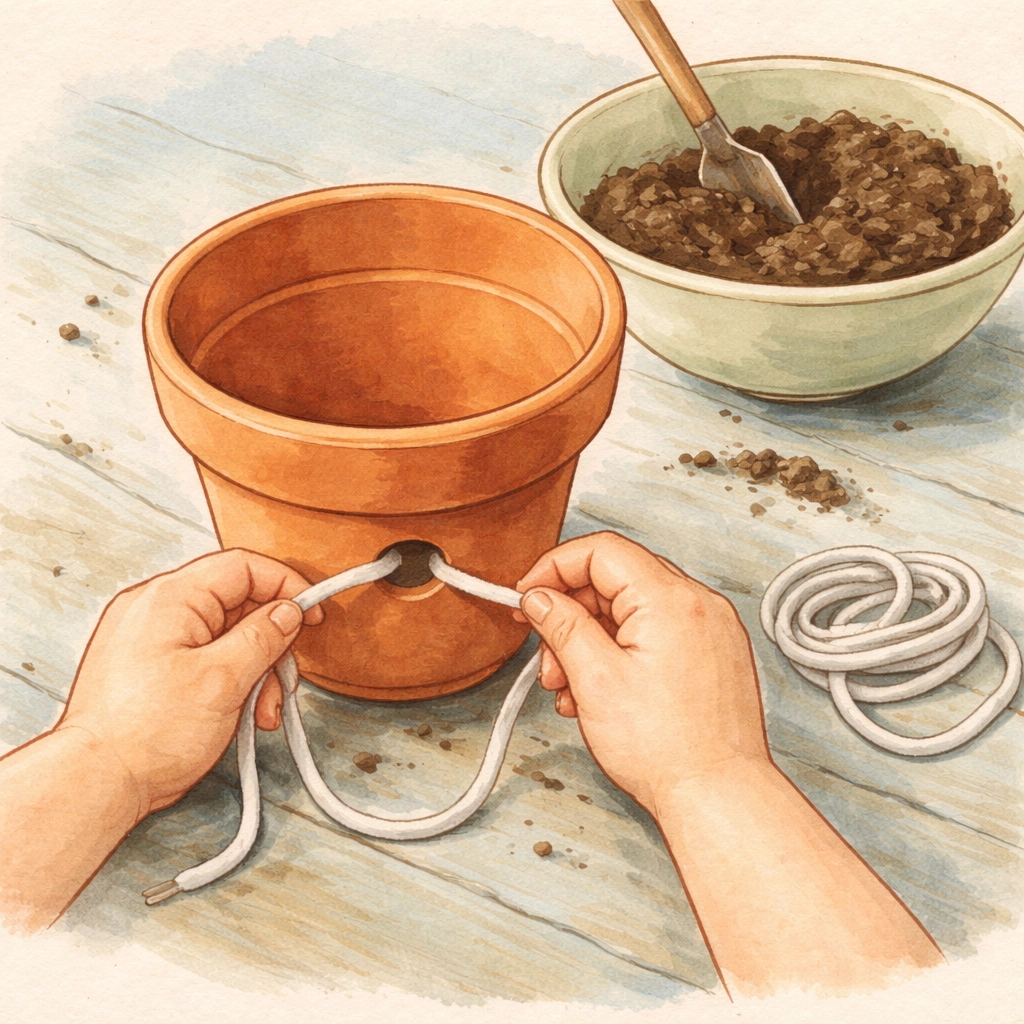Small hands thread cotton shoelace through flower pot to build homemade self-watering wick system