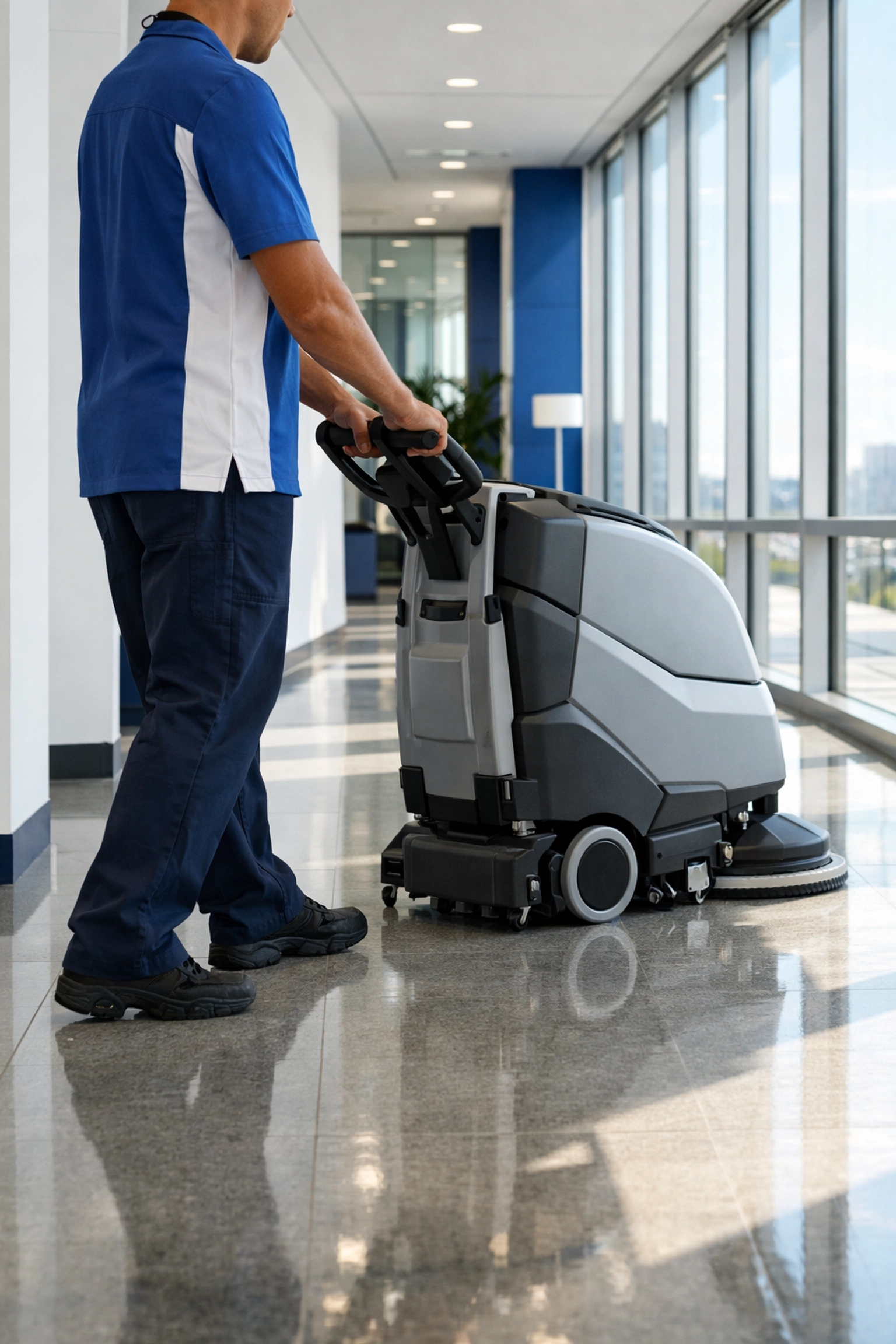 Commercial maintenance professional cleaning high-traffic office floors in a West Springfield business facility.