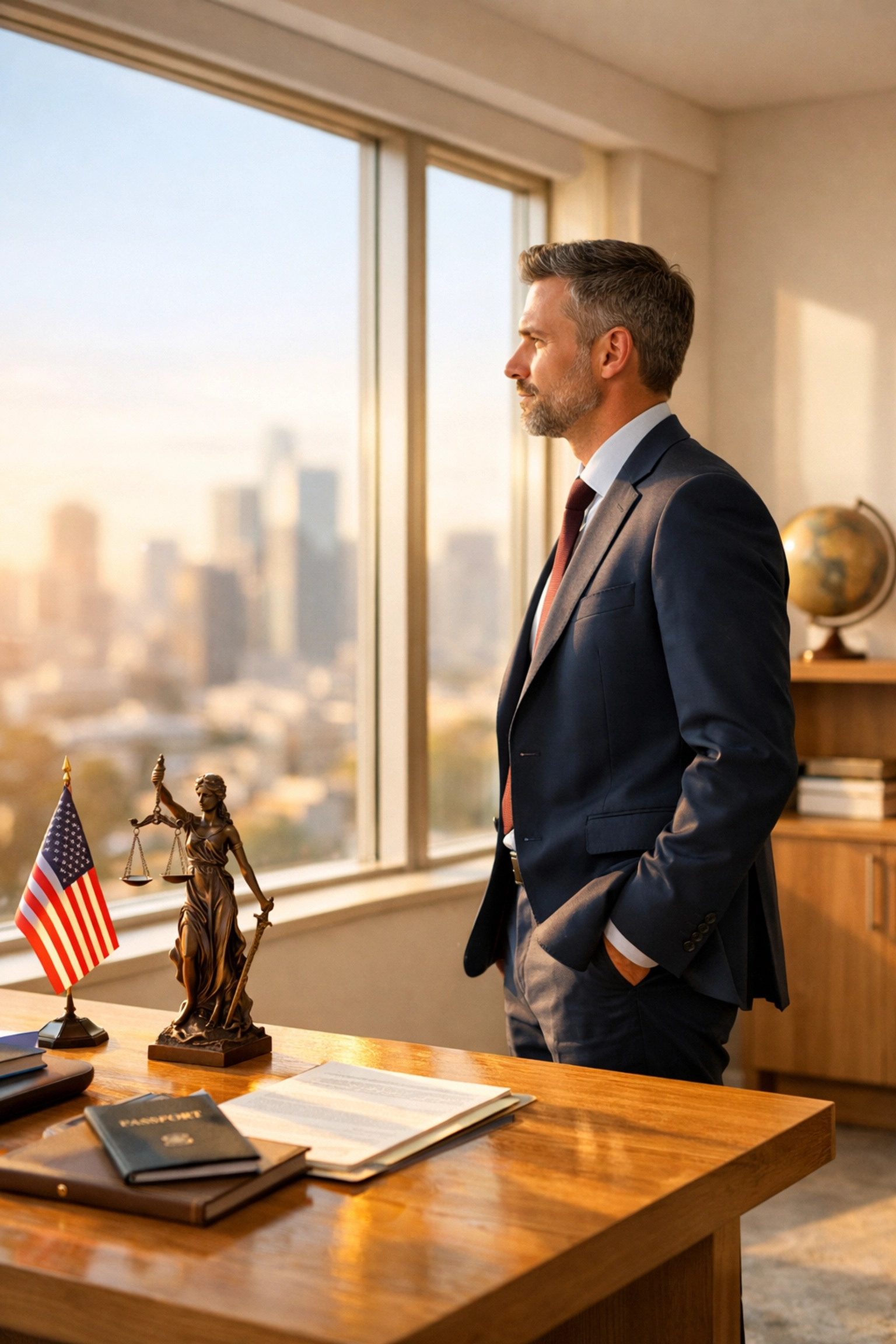 Immigration lawyer in a modern office considering the impact of the new UK visa brake policy.