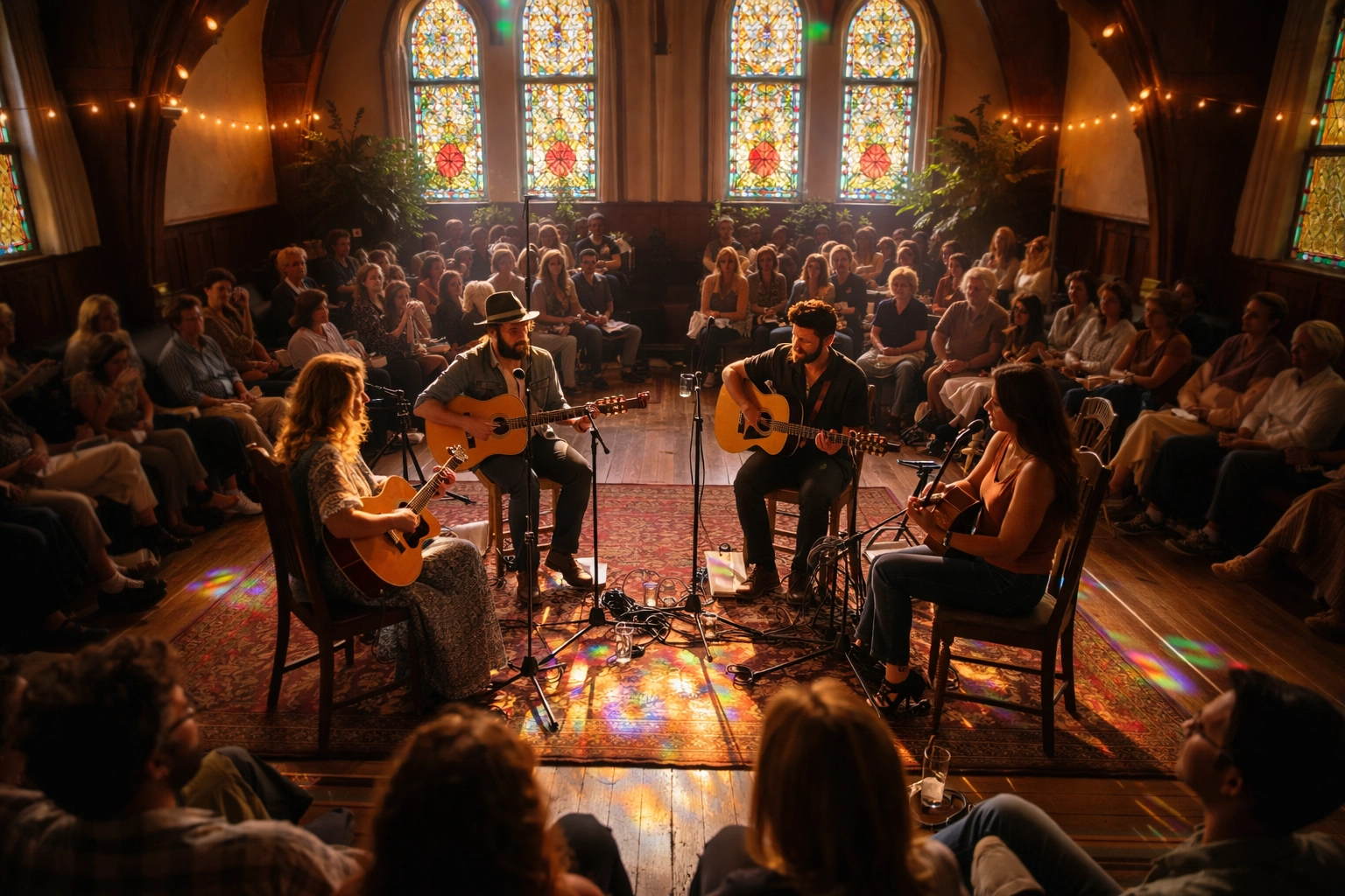 Songwriter round in historic Seattle venue with stained glass and attentive audience, indie artist discovery event
