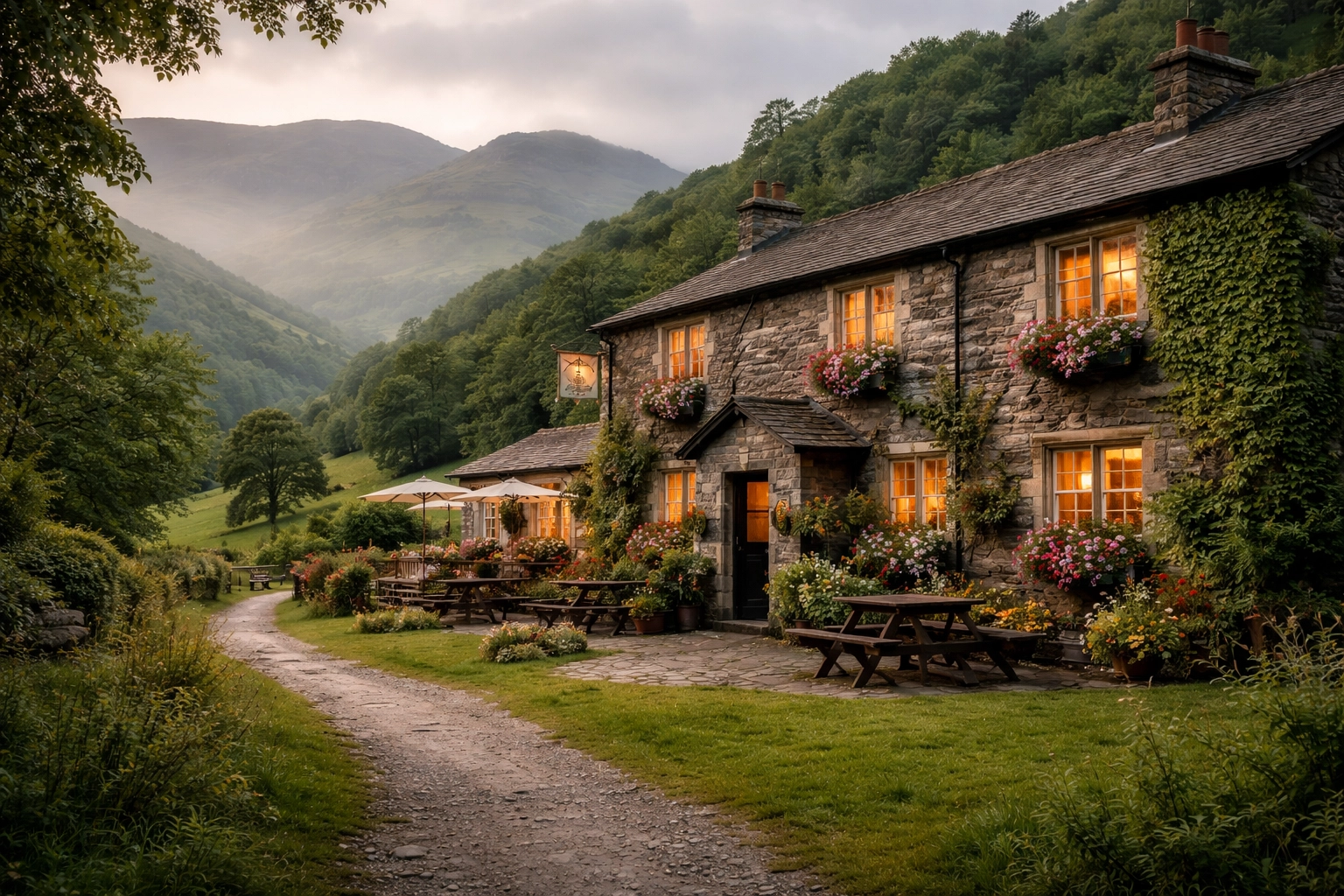 Stone village inn in the Lake District with lush hills, ideal base for centre-based guided walks UK.