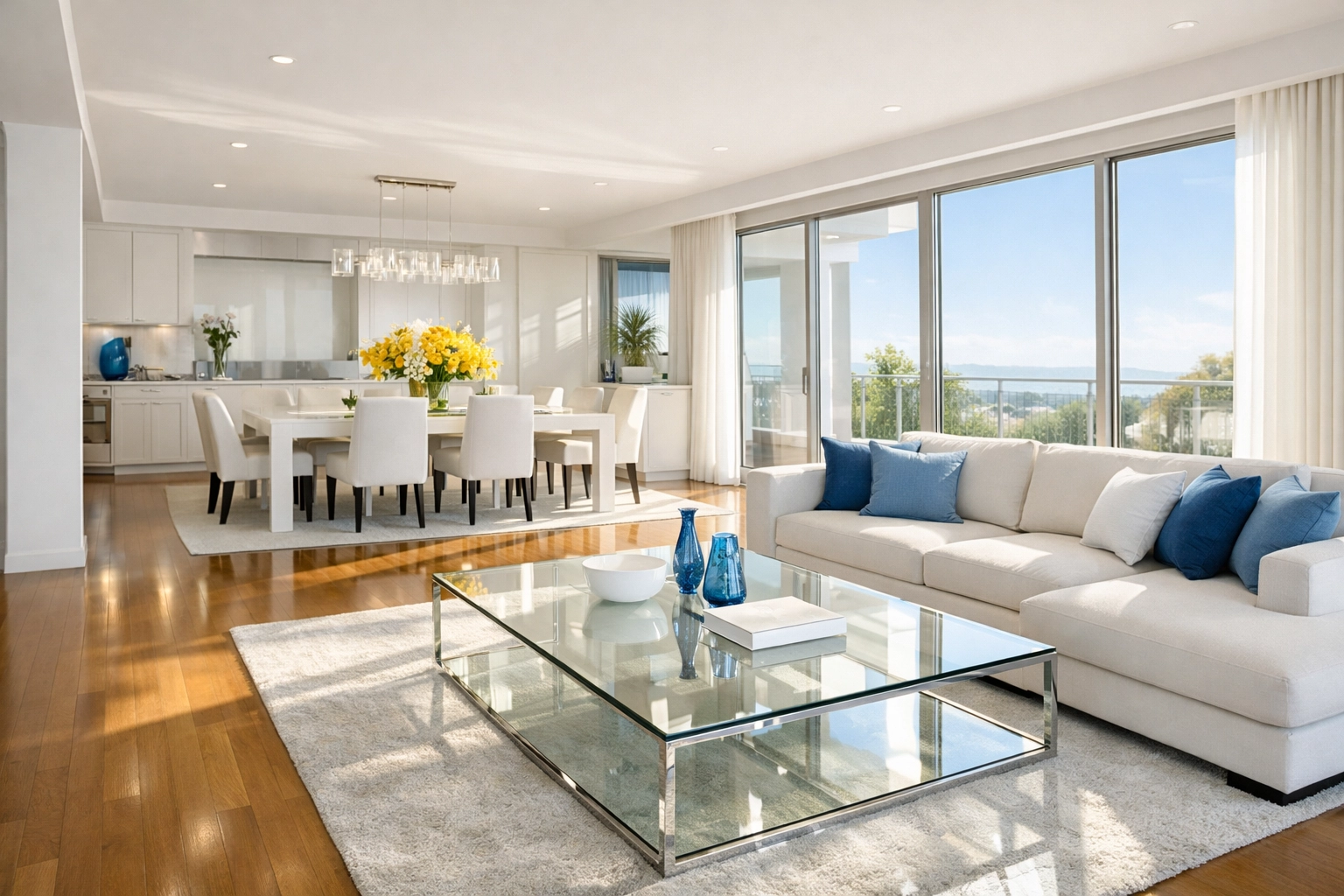 A spotless, sun-drenched living room showcasing professional cleaning service results.