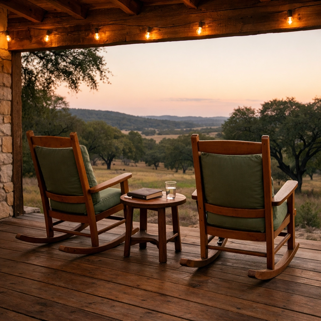 Cozy cabin porch at Resurgence Texas rehab facility in Hill Country with peaceful views