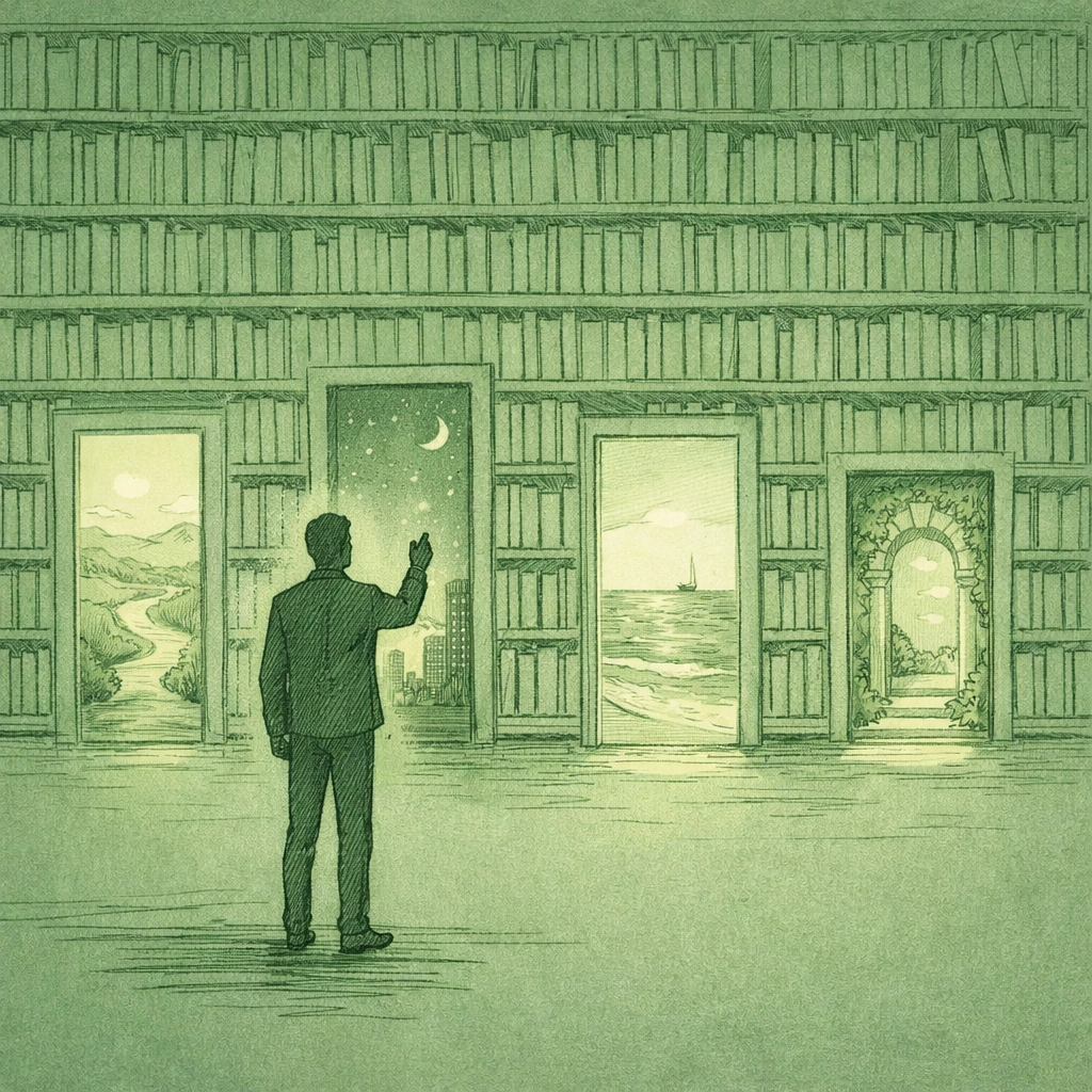 Man contemplating doorways of alternate lives in library symbolizing unlived gay romance paths