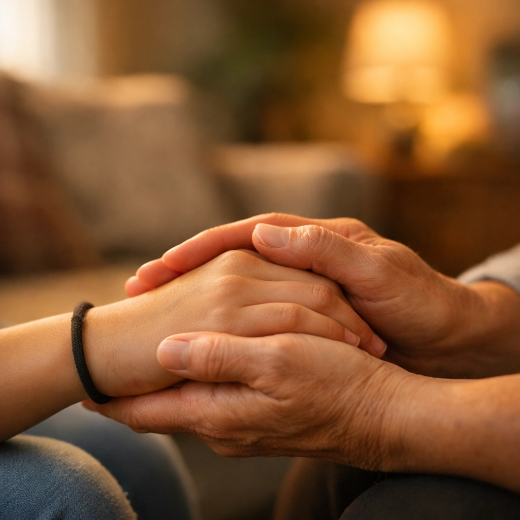 Mentor holding a teen’s hand at a residential treatment center, representing compassionate care and healing.