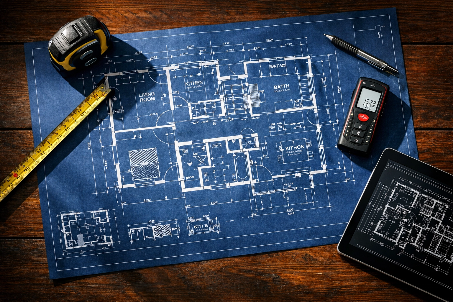 Measuring tape and blueprints for planning LED video wall installation