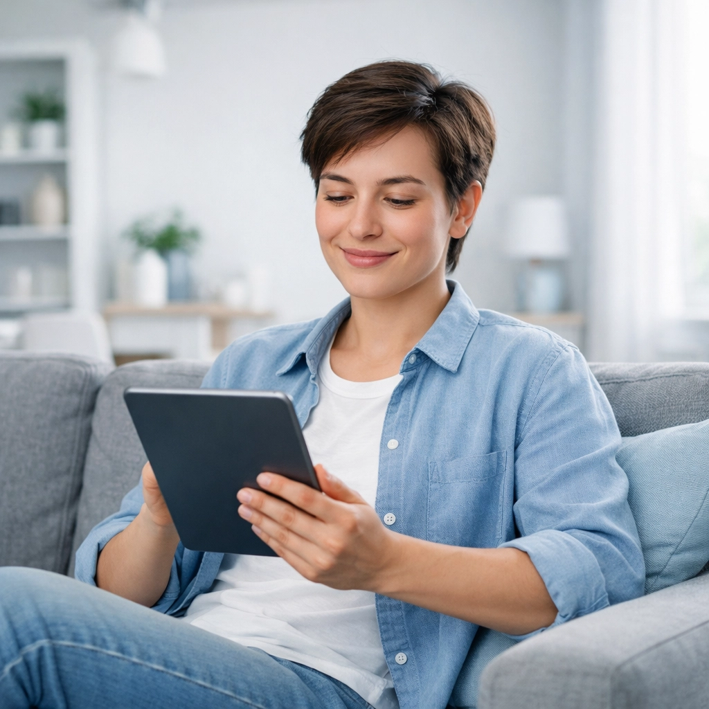 A relieved person at home in Canada reviewing terms for a transparent instant loan on their tablet.