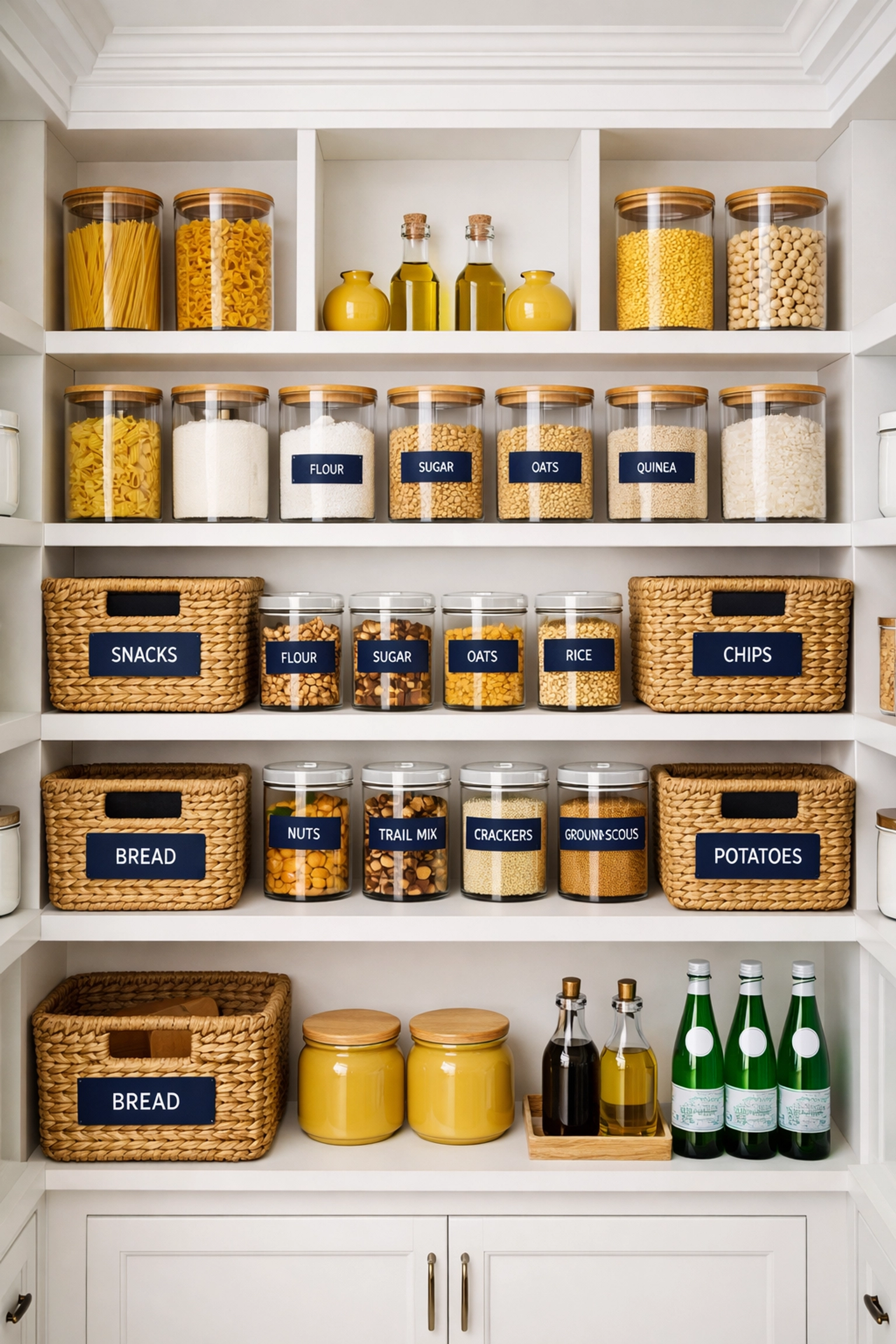 Symmetrically organized kitchen pantry with white cabinetry and labeled jars from Sudbury residential cleaning.