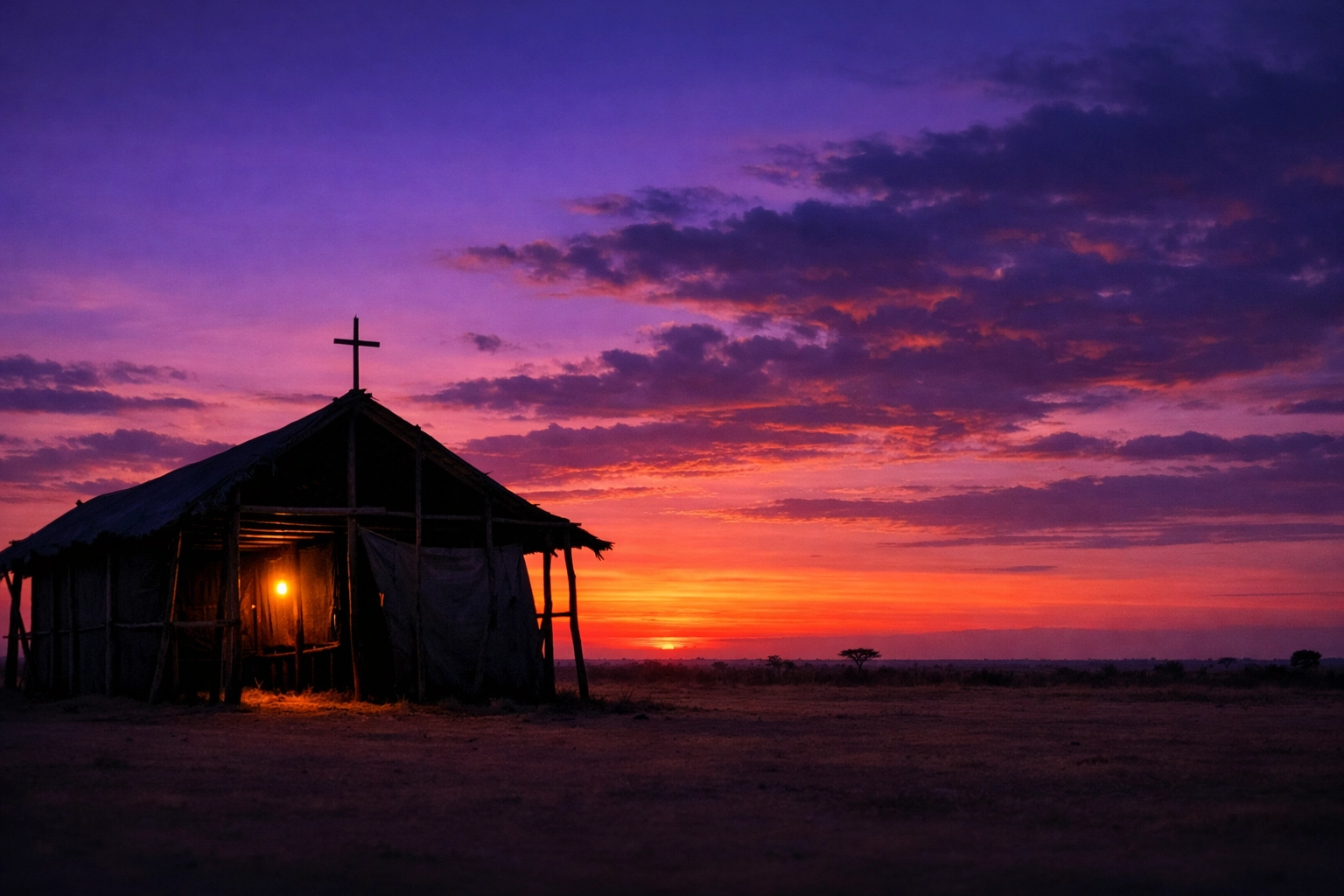Silhouette of a makeshift church structure at sunset in Sudan, representing hope and spiritual resilience.