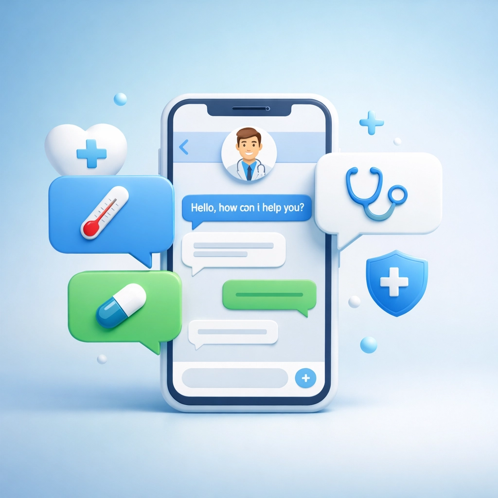 Smartphone displaying text-based online urgent care messaging with medical symbols