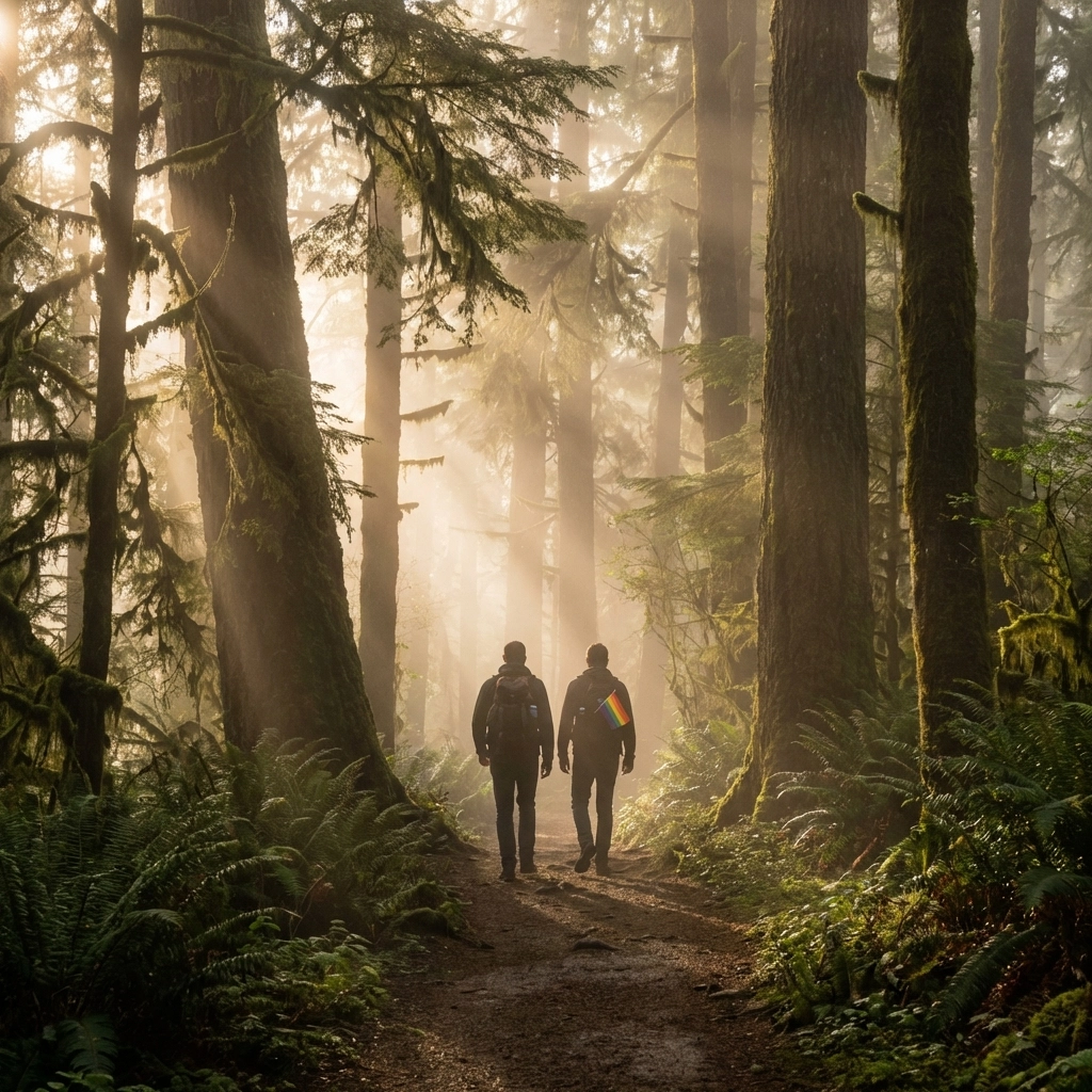 Two men nude forest hiking through misty woodland embracing naturist lifestyle