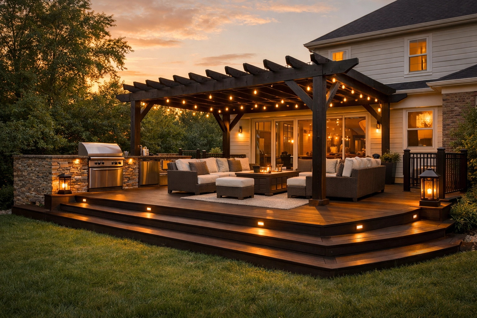 Luxury Nashville deck expansion featuring an outdoor kitchen, seating area, and illuminated pergola for year-round use.