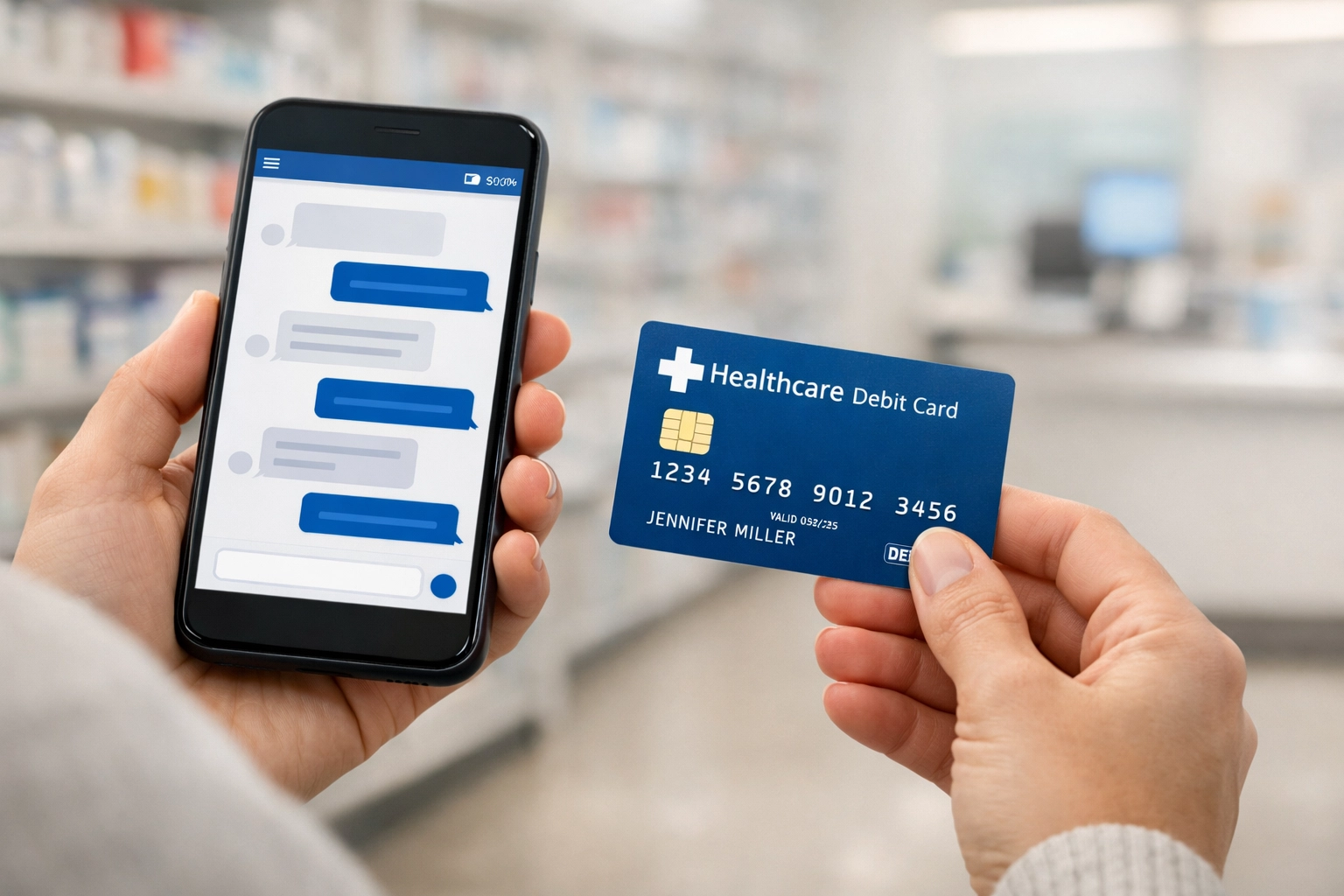 Patient using HSA funds for weight loss management via secure medical text messaging at a local pharmacy.