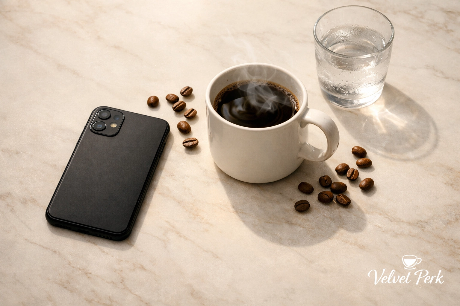 Phone face-down next to steaming coffee and water glass - coffee run reset ritual