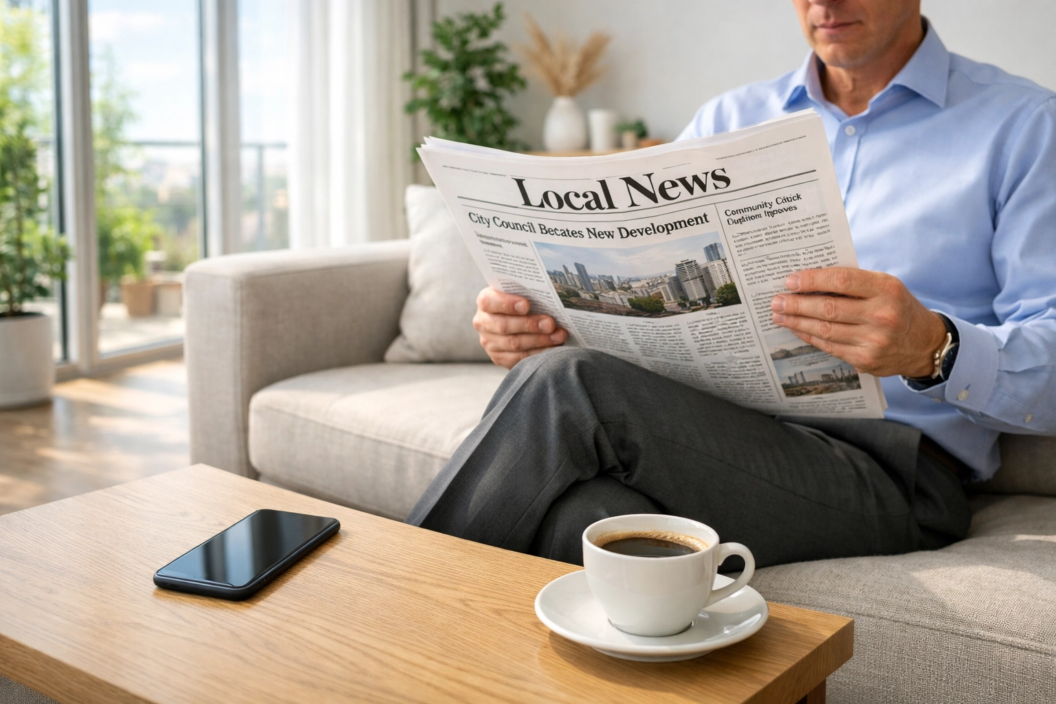 Professional reading a local newspaper in a modern home, engaging with trusted community content.