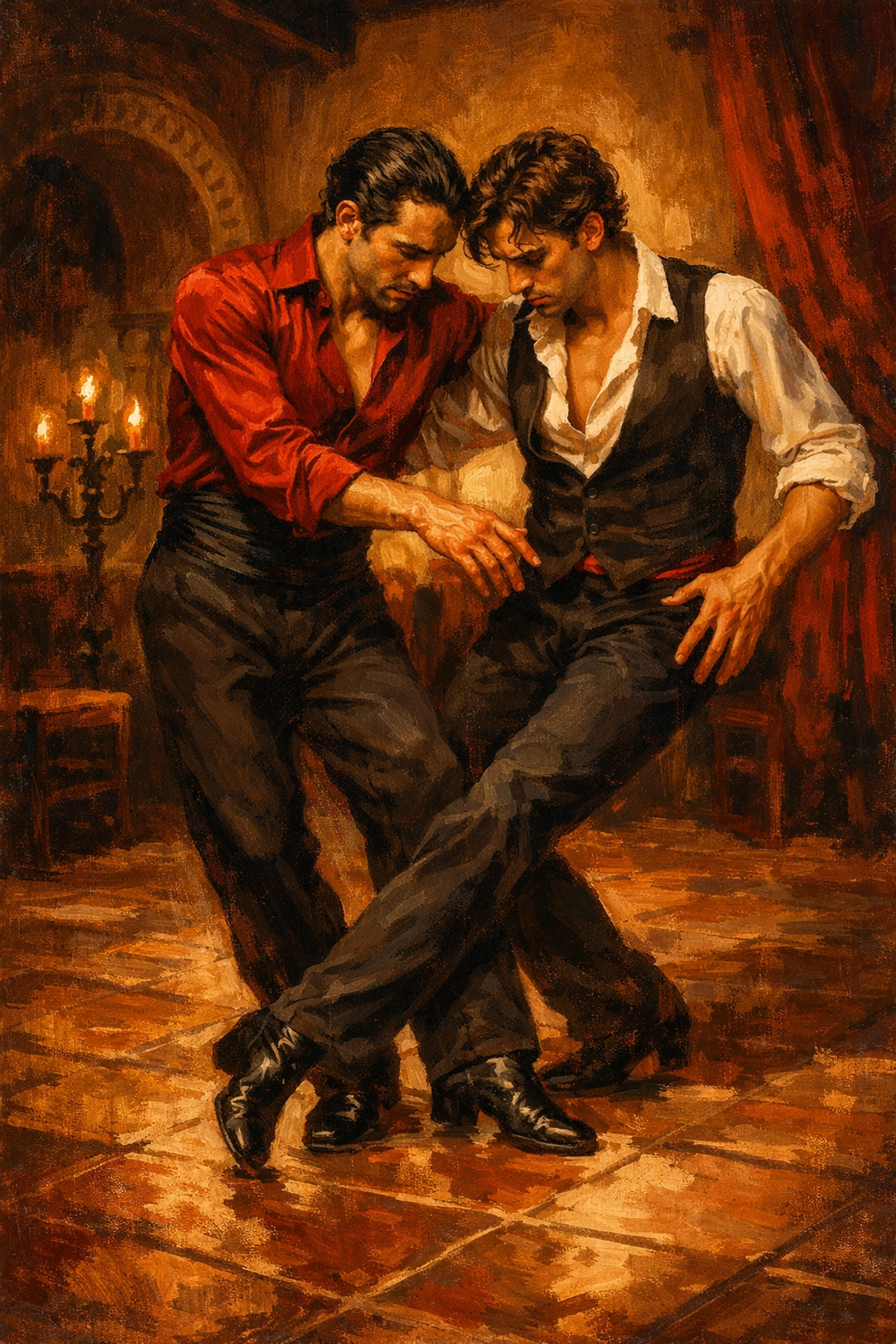 Male flamenco teacher instructing student in traditional Spanish dance, gay romance teacher's pet dynamic