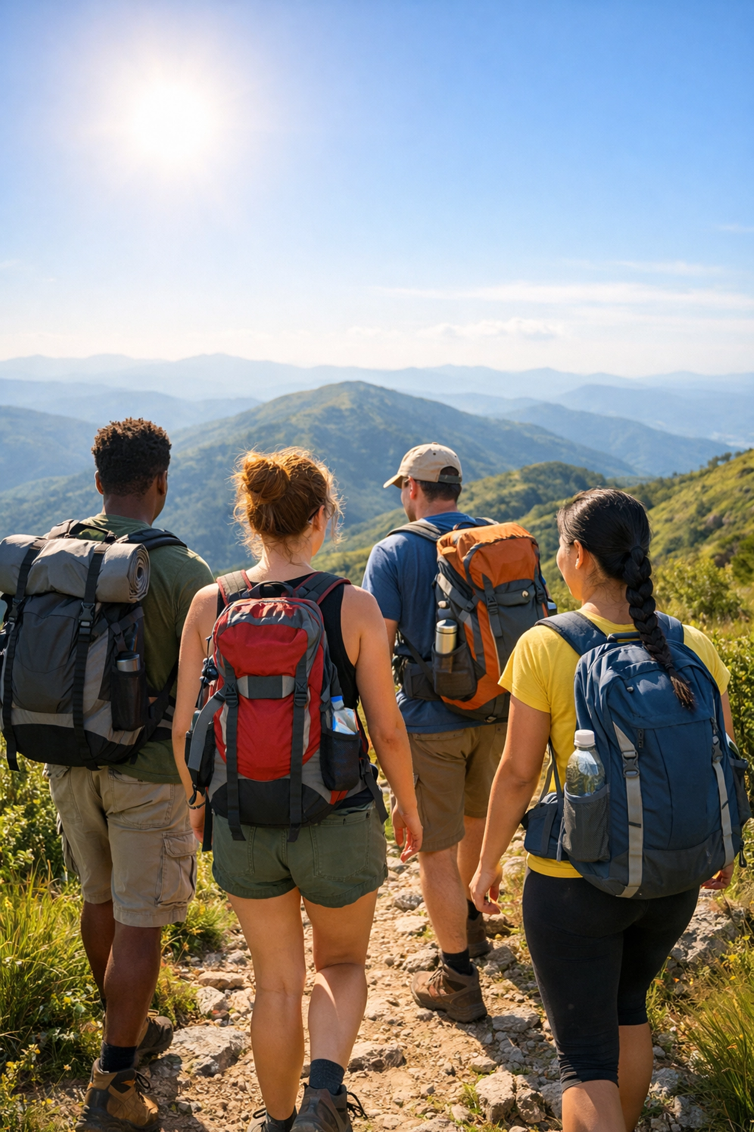 A diverse group of hikers walking along a sunny mountain ridgeline, enjoying the health benefits of the UK outdoors.