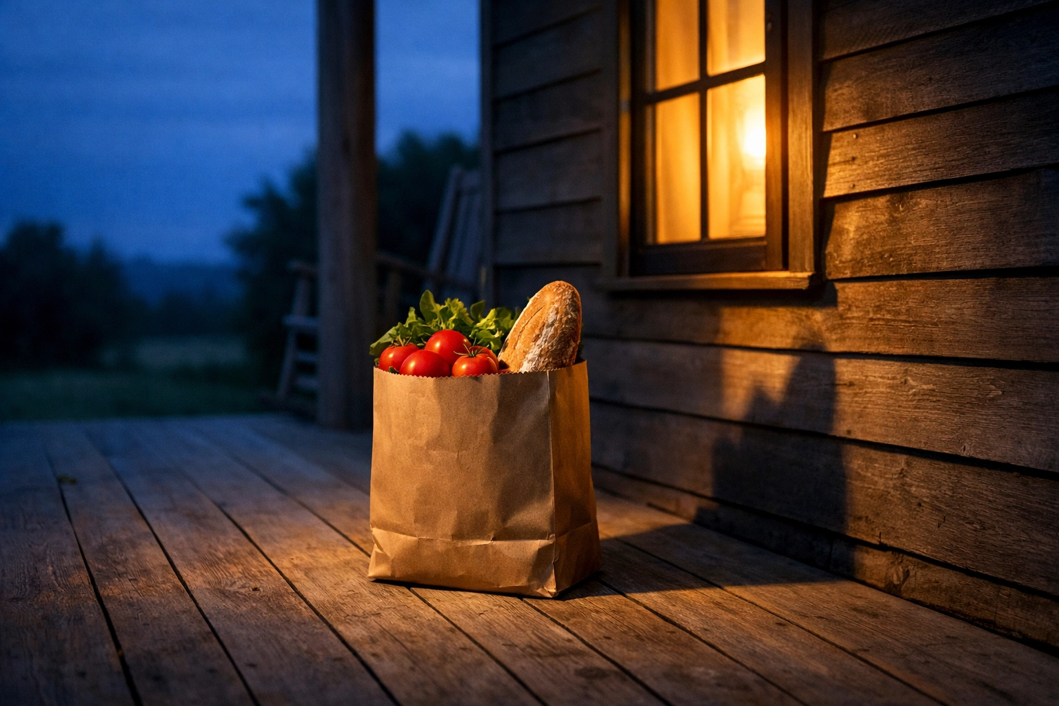 A paper bag of fresh produce on a porch, highlighting the power of local community sharing and generosity.