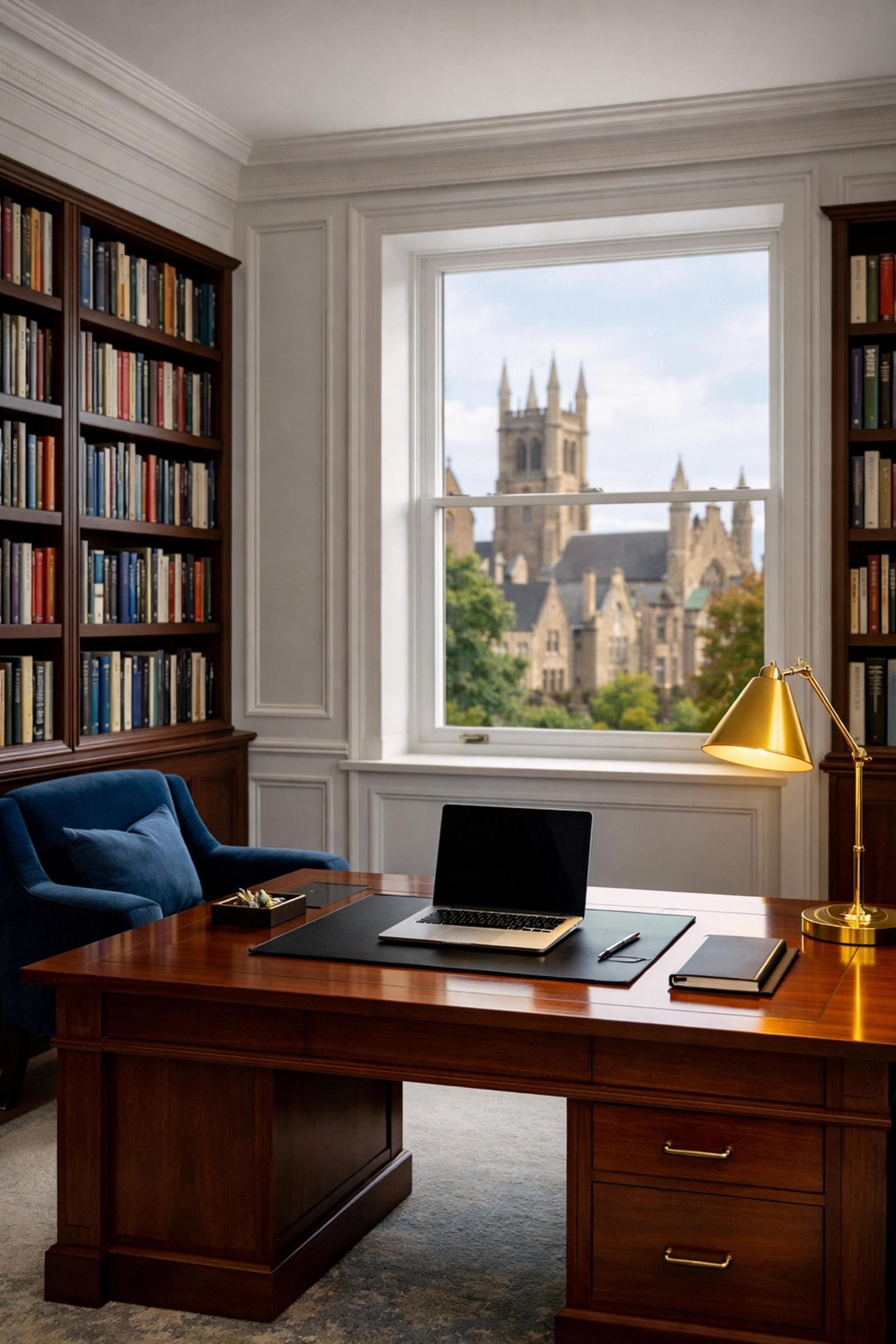 Scholarly home office in Worcester cleaned by professional maid services, featuring organized bookshelves and desk.