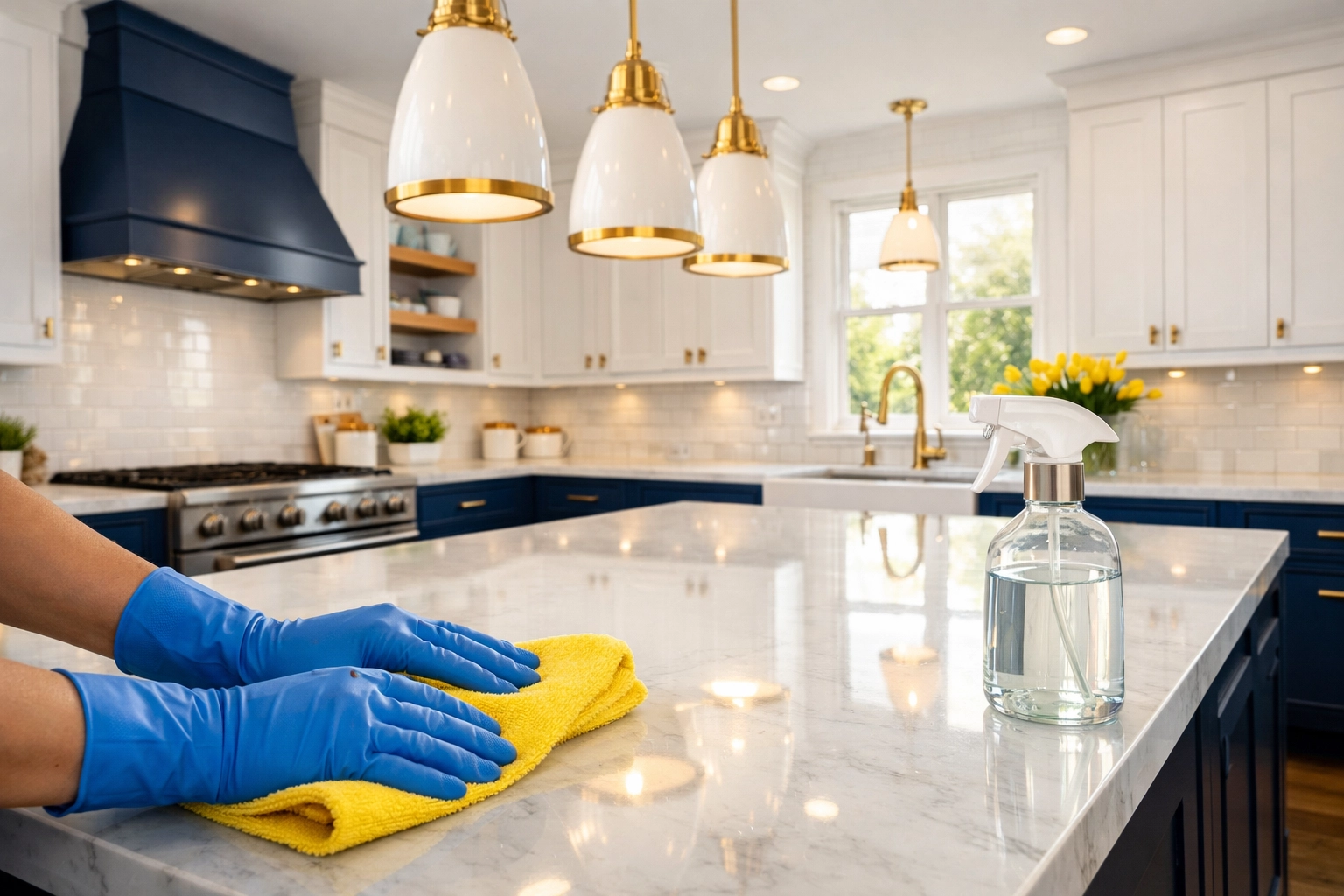 Professional cleaner performing weekly house cleaning in an Ashland kitchen using eco-friendly supplies.