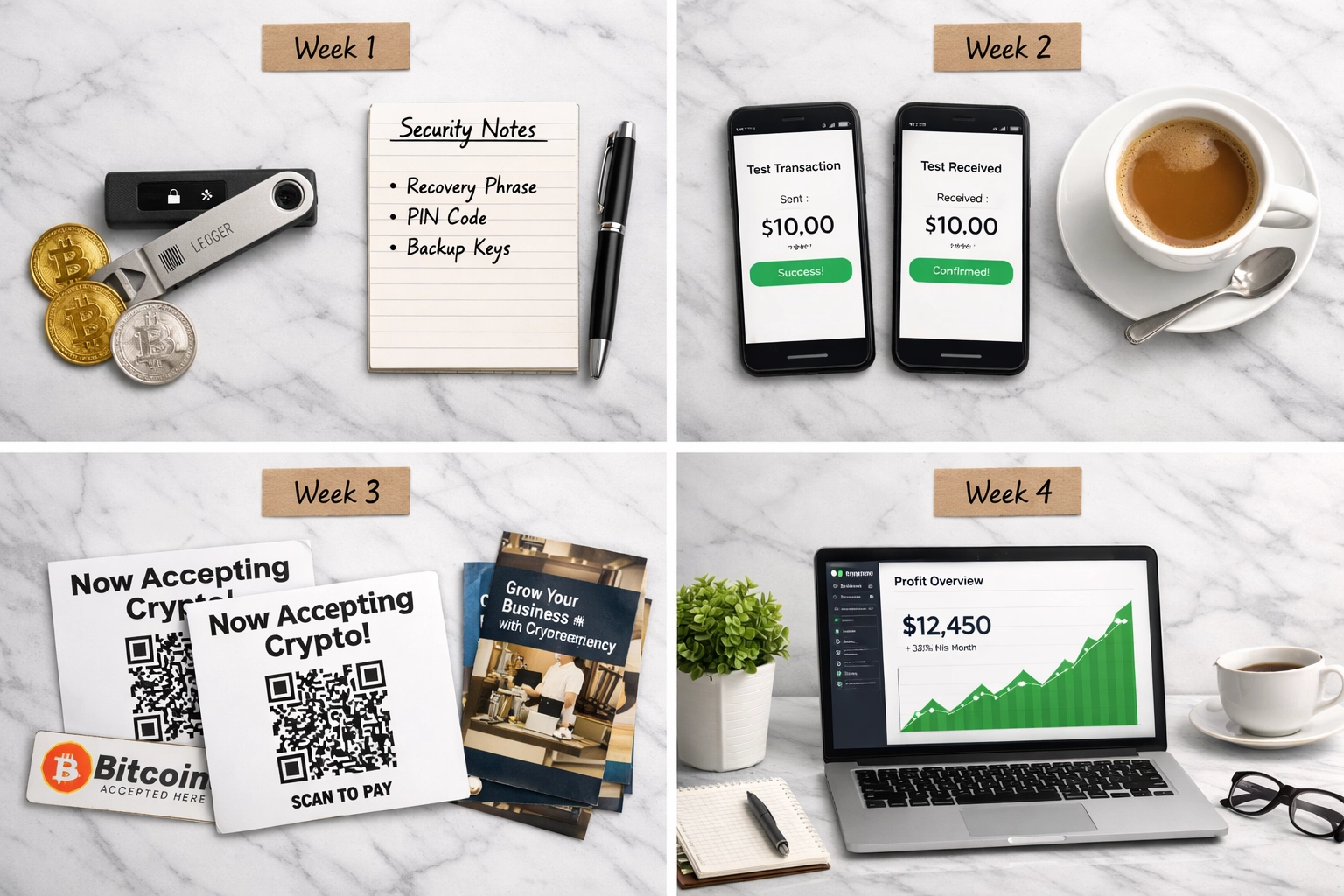 Four-week merchant account setup timeline for implementing self-custody crypto payments in small business