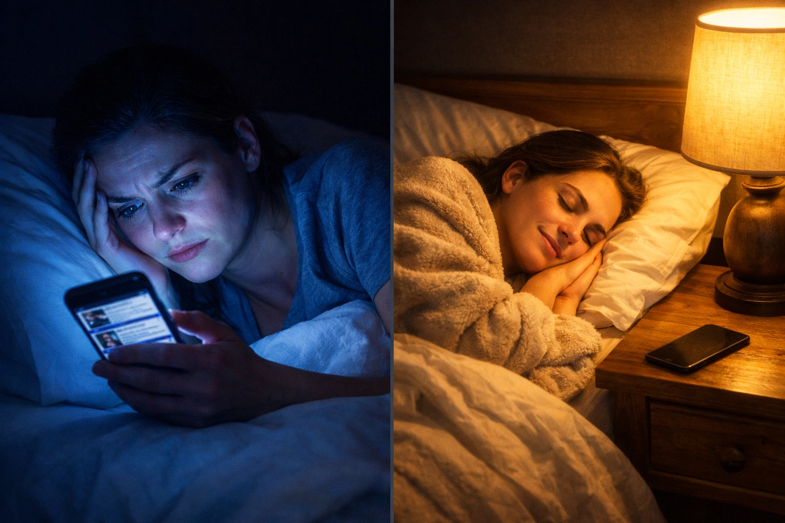 Comparison of anxious late-night news scrolling versus peaceful sleep without phone