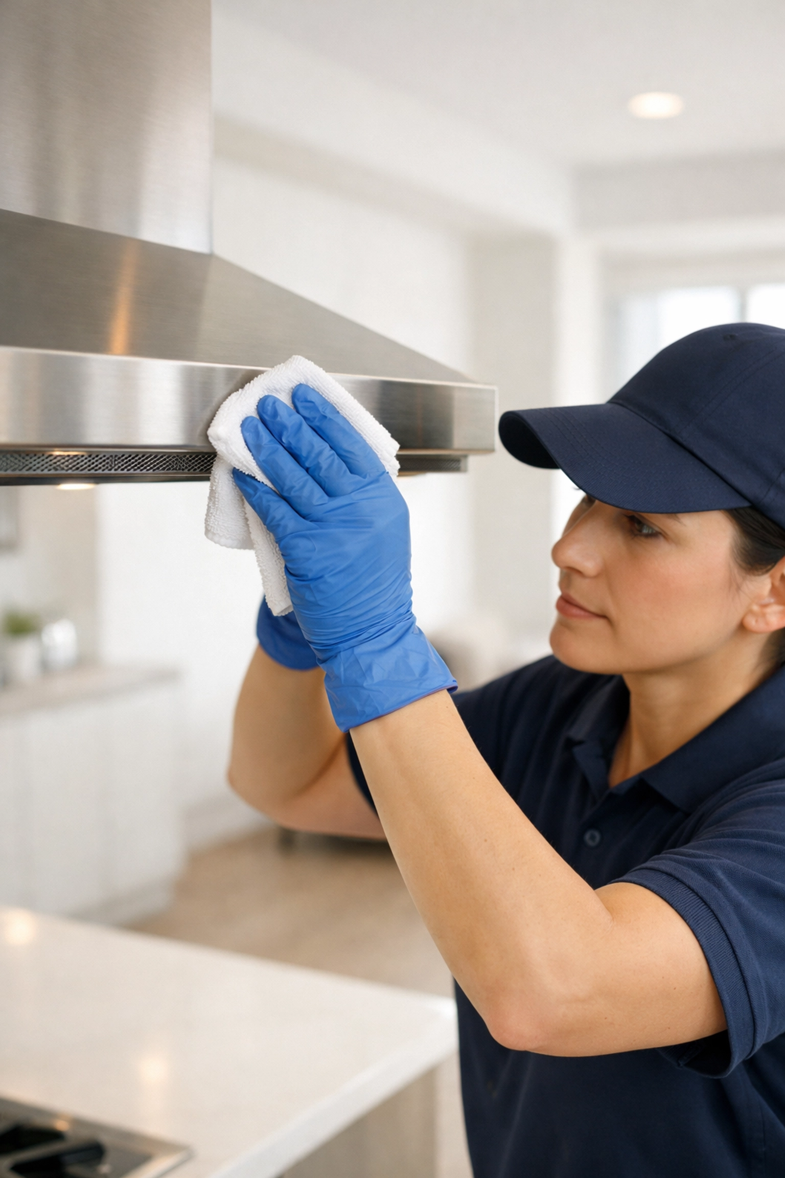 Professional cleaning specialist degreasing a range hood during an apartment turnover cleaning.