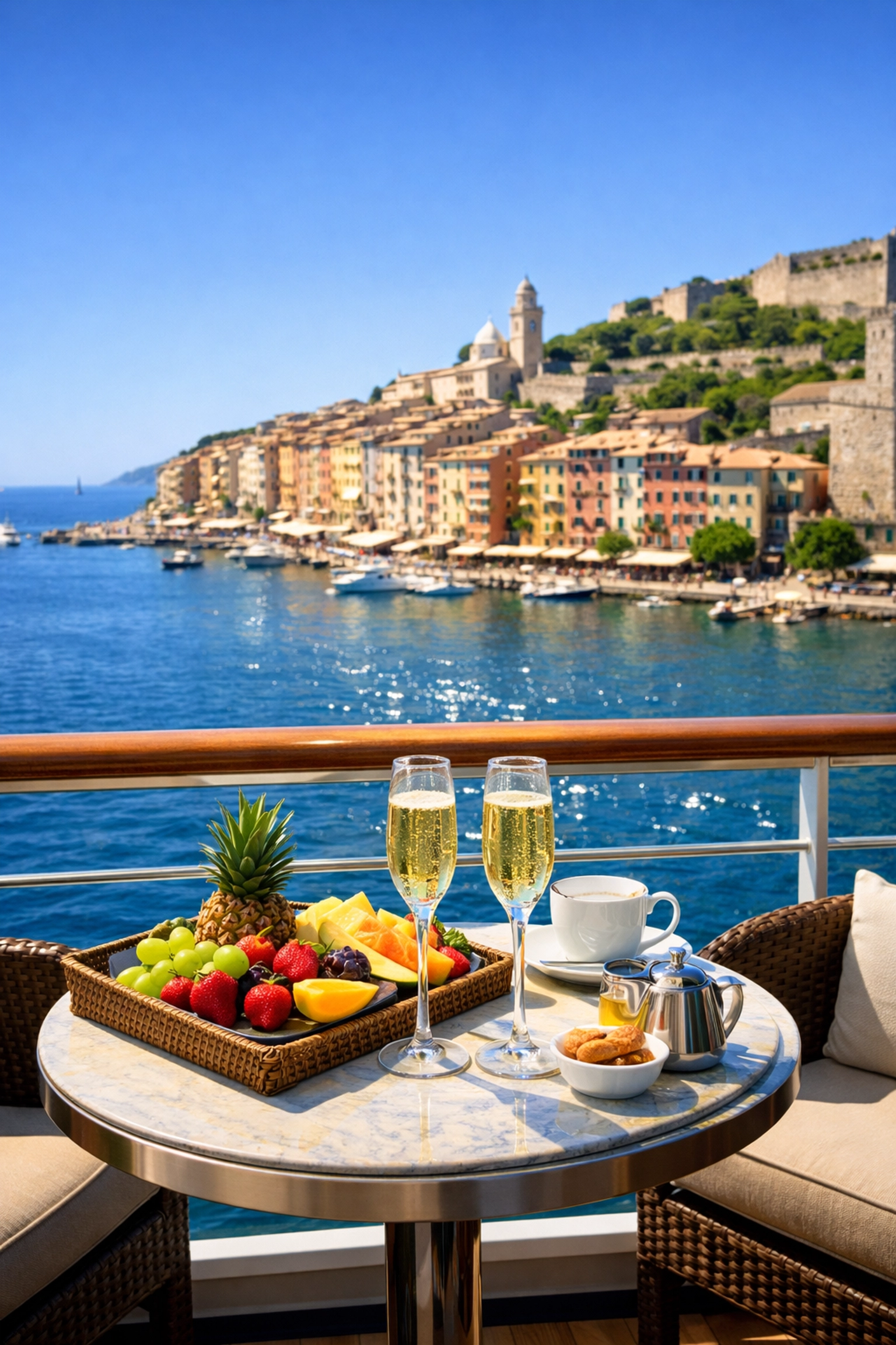 Private cruise suite balcony view of the Mediterranean sea with wine and fruit at a bistro table.