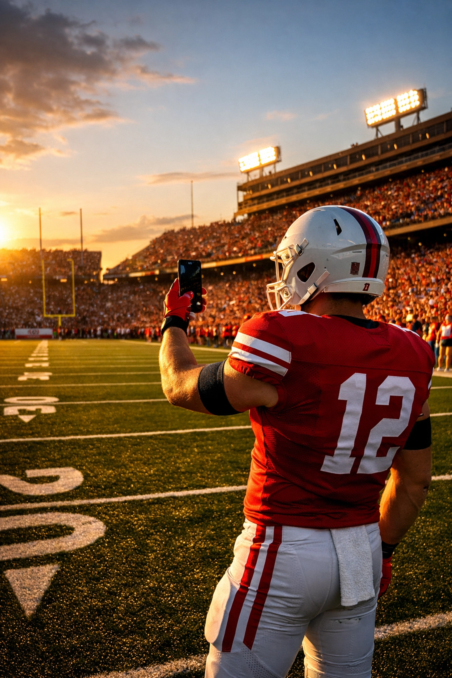 College athlete creating content on smartphone at packed stadium during NIL partnership campaign