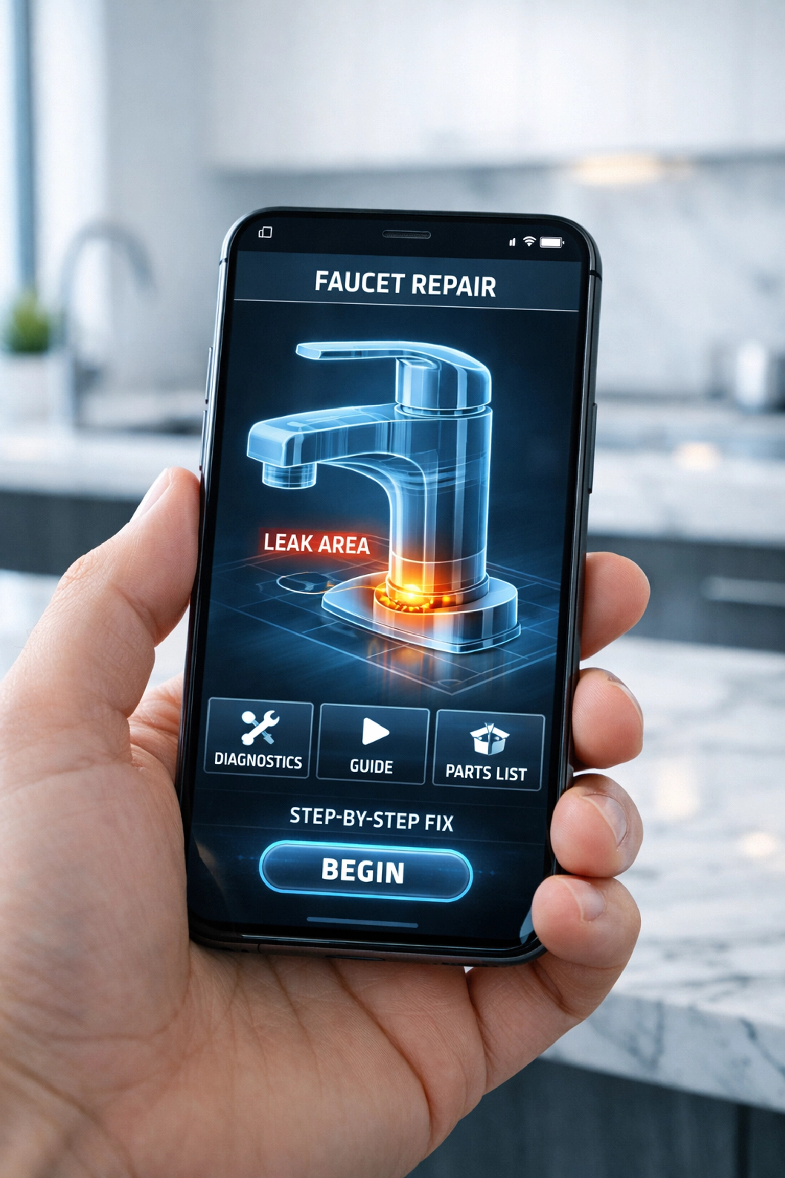 Smartphone showing an AI-driven maintenance app for modern Cleveland investment properties.