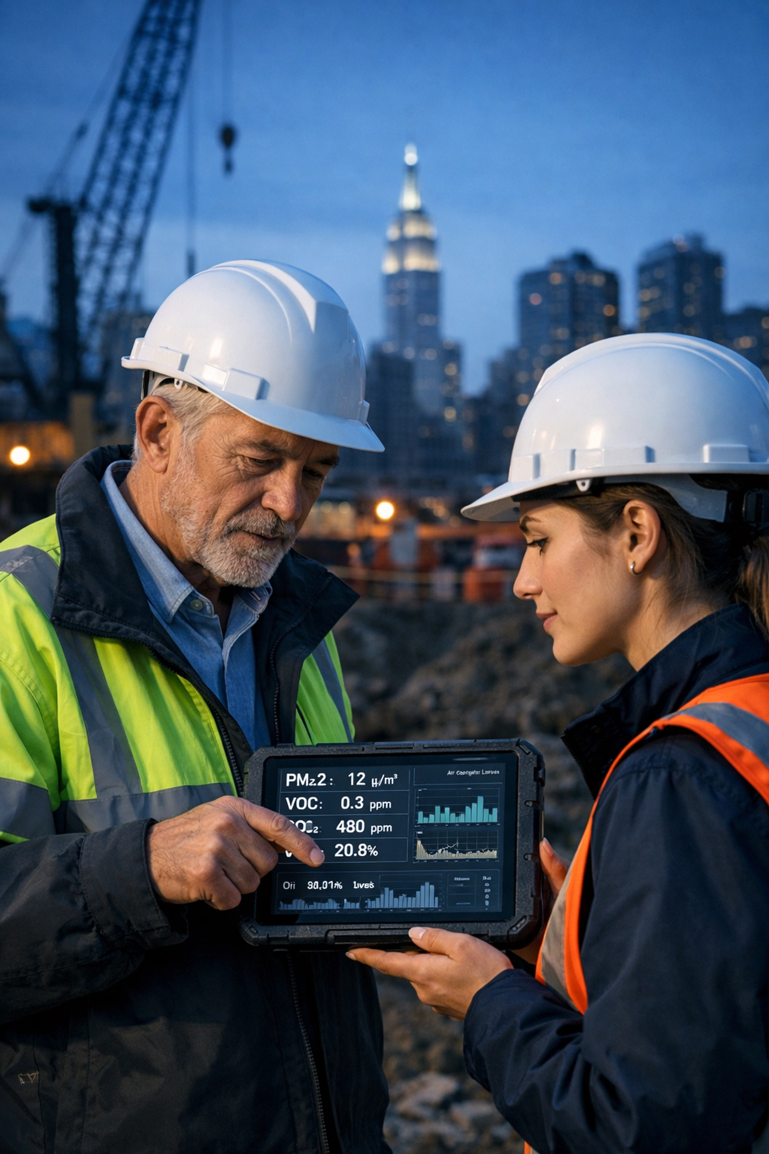 Environmental experts monitoring air quality data at a NYC construction site for OER remediation.