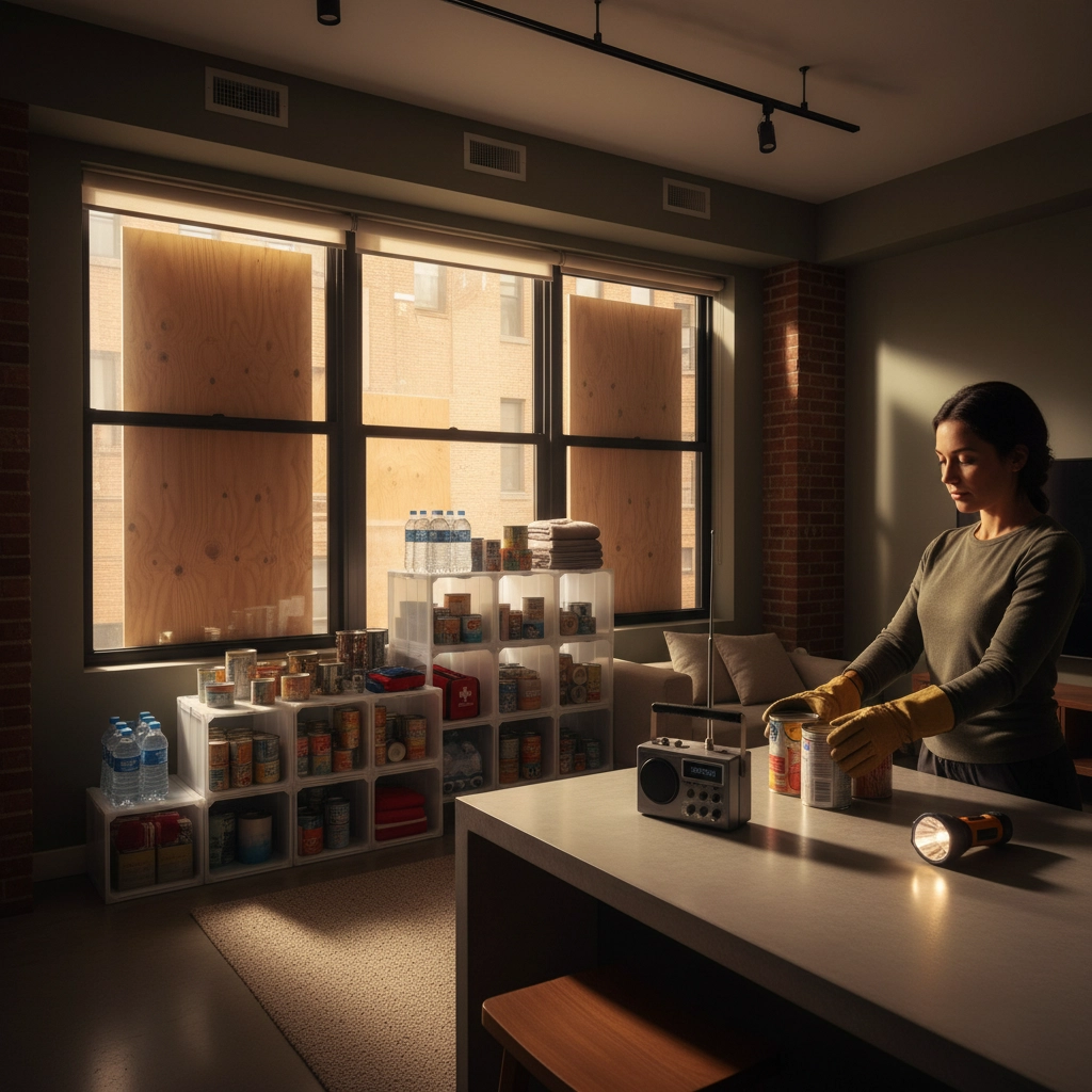 A picture of a woman standing in the kitchen of her high-rise apartment. Her windows are boarded up, and she has an emergency radio and a flashlight in front of her on the counter. 
Ready for Anything: Urban Survival in a Changing Climate