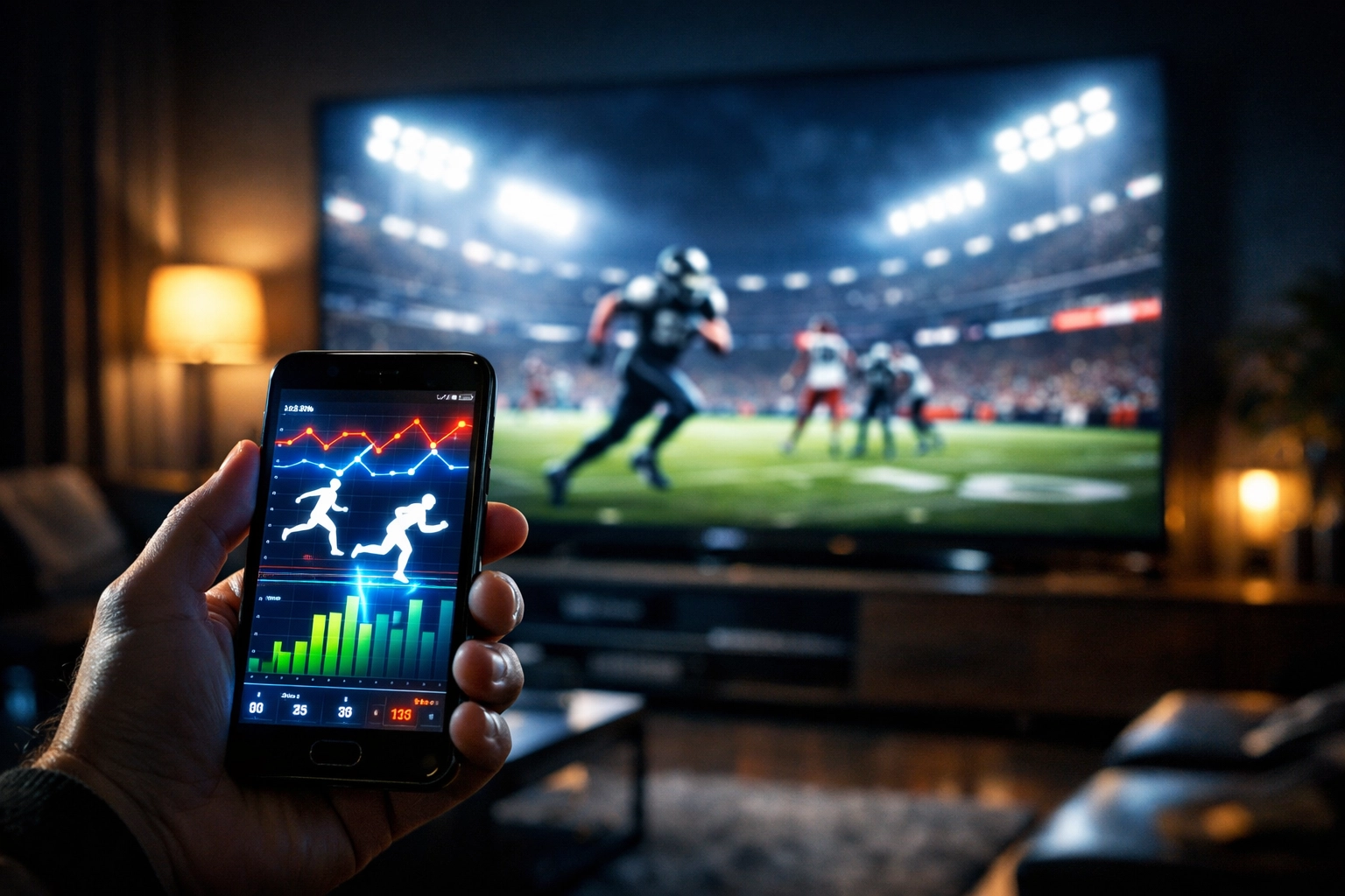Modern sports fan engaging with digital branding on a smartphone while watching a game on TV.