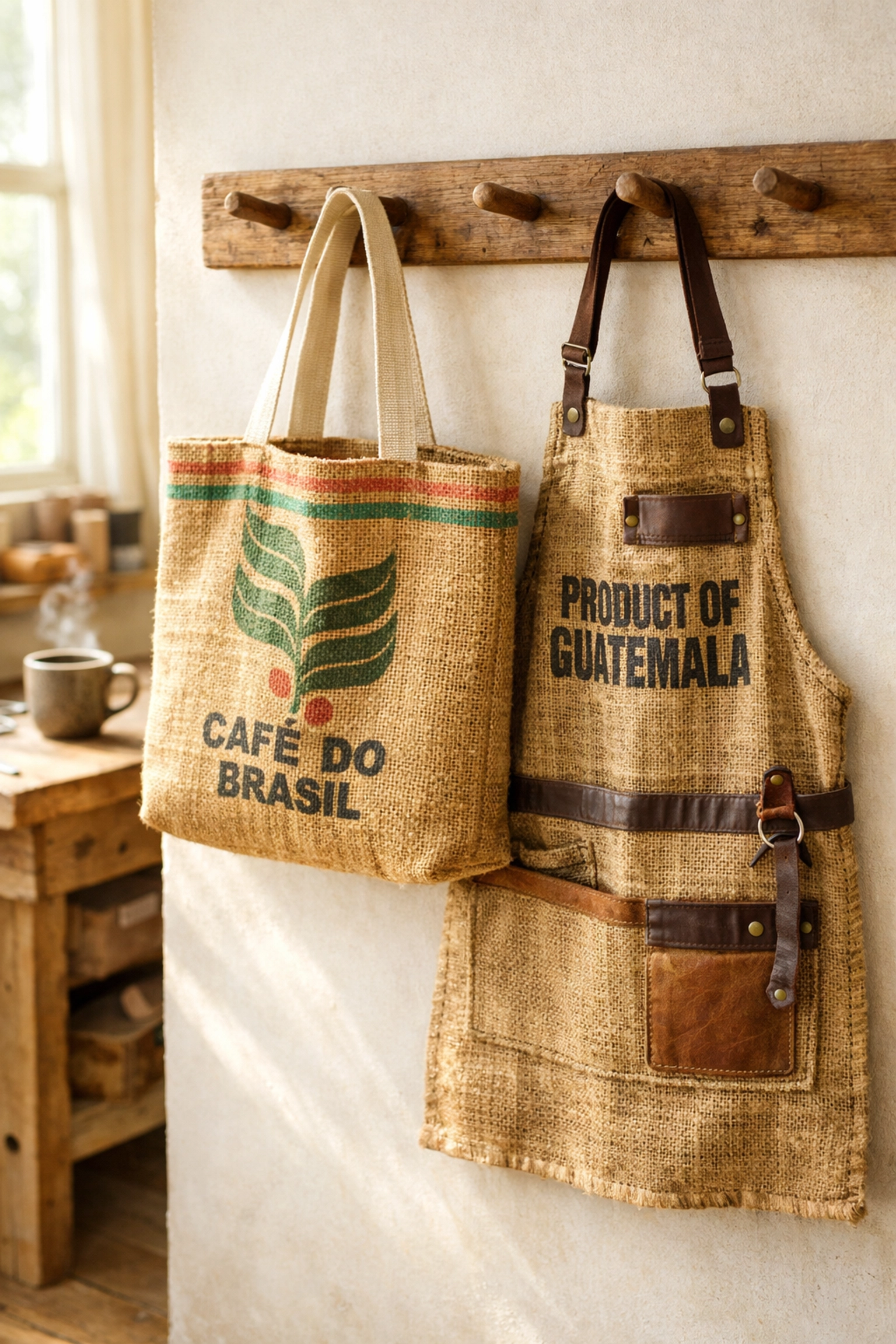 Handcrafted tote bag and barista apron made from repurposed hessian coffee sacks.