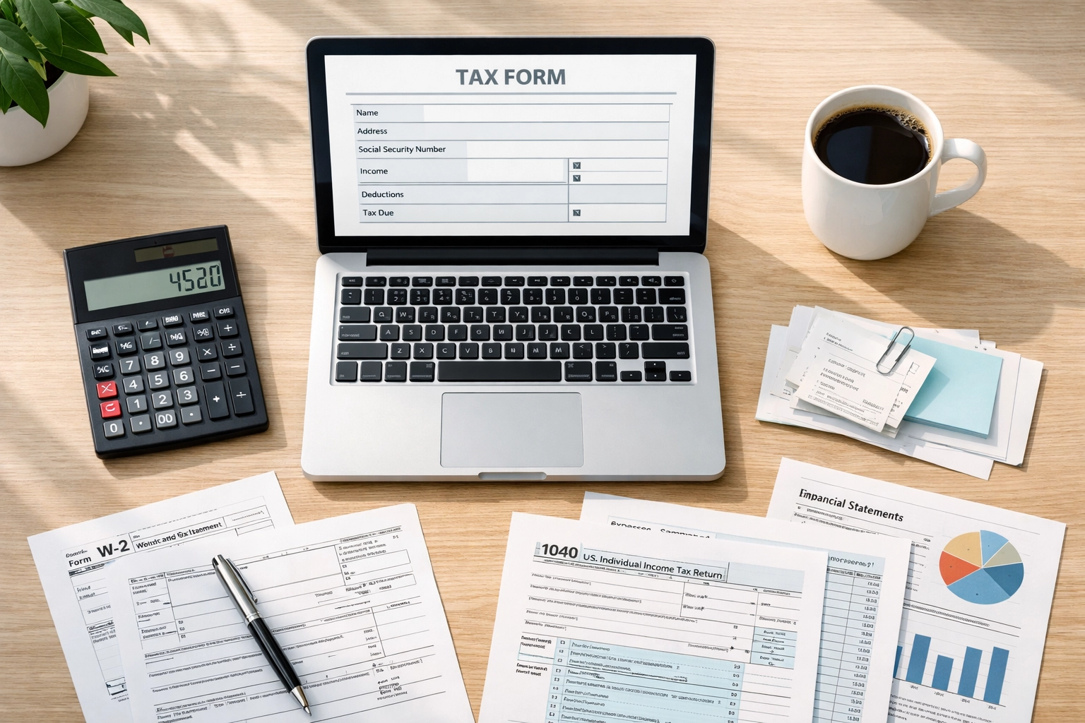 Home office desk with laptop showing tax form, calculator, and organized documents for 2026 filing