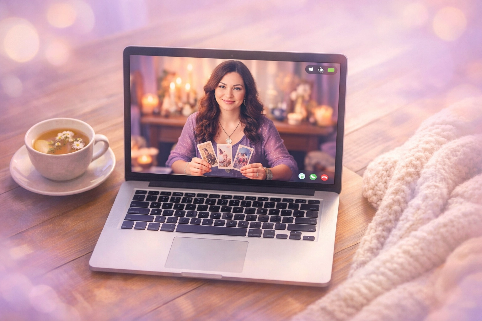 Woman having tarot reading online via laptop video call at home with tea and cozy blanket