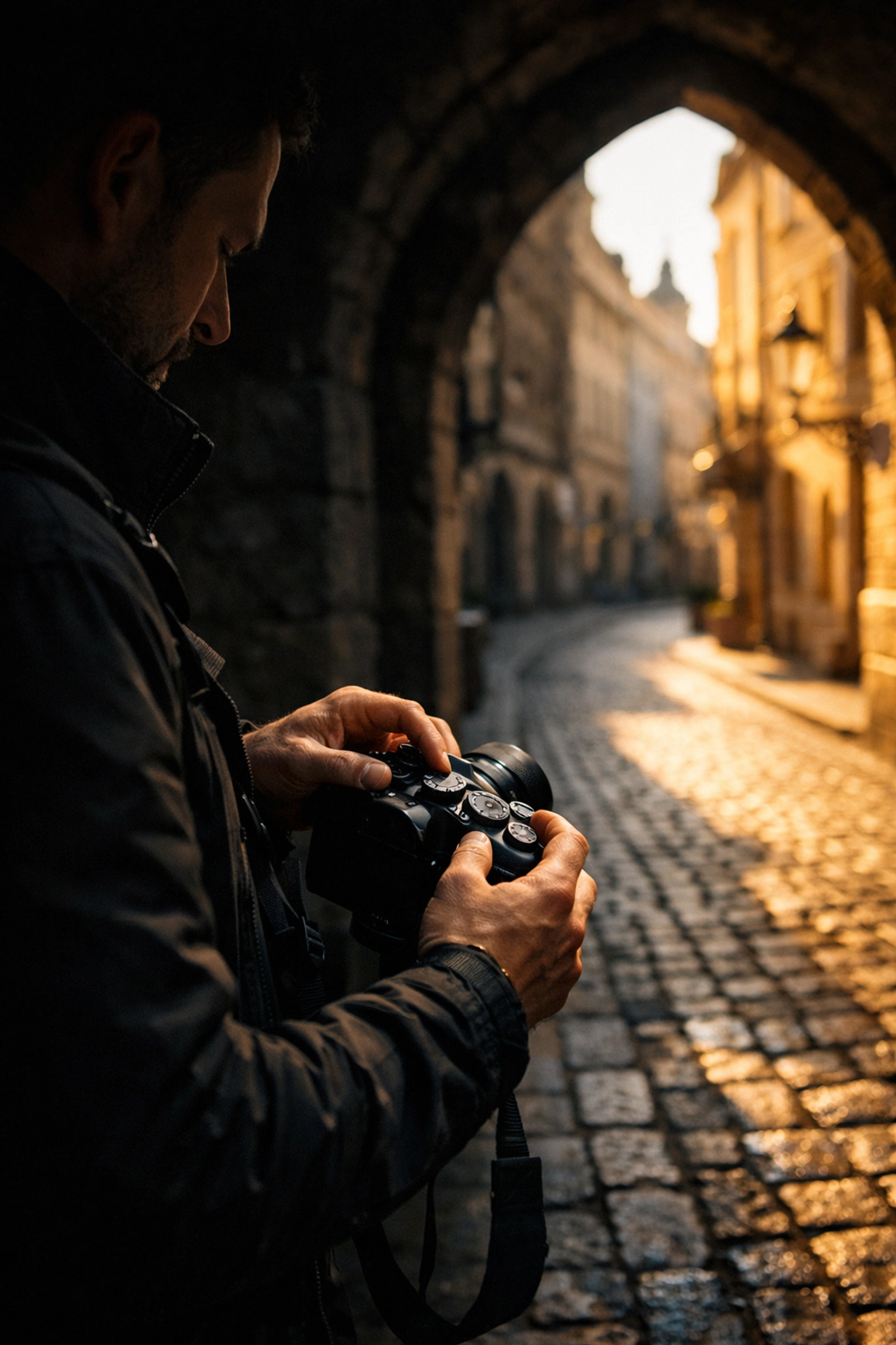 Photographer adjusting manual mode camera settings between bright sun and deep shadow in a city archway.