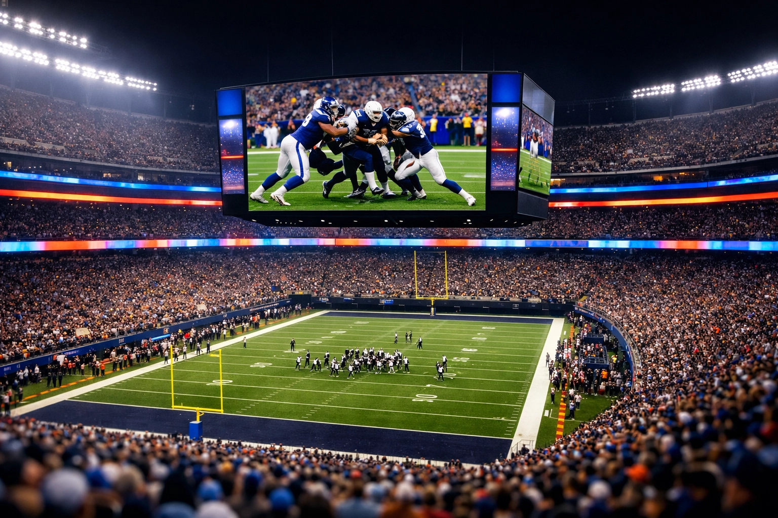 Stadium video scoreboard and LED ribbon boards driving fan engagement through Dakdan's digital technology.