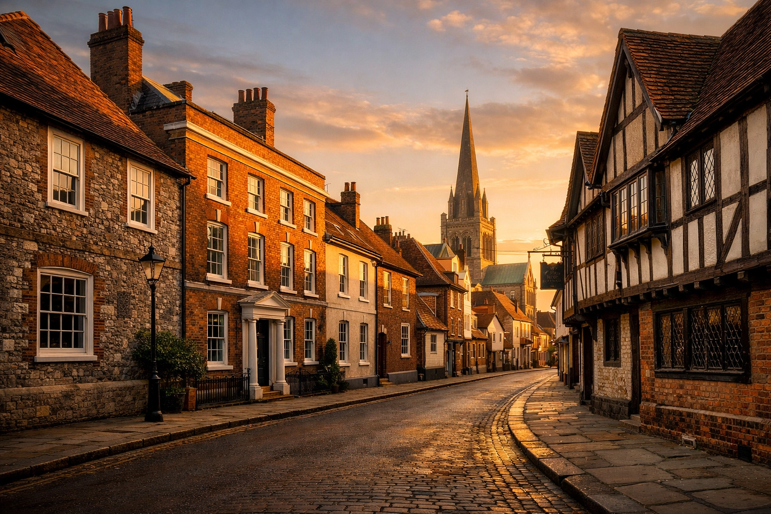 Historic Chichester street with traditional Georgian homes and flint-stone architecture.