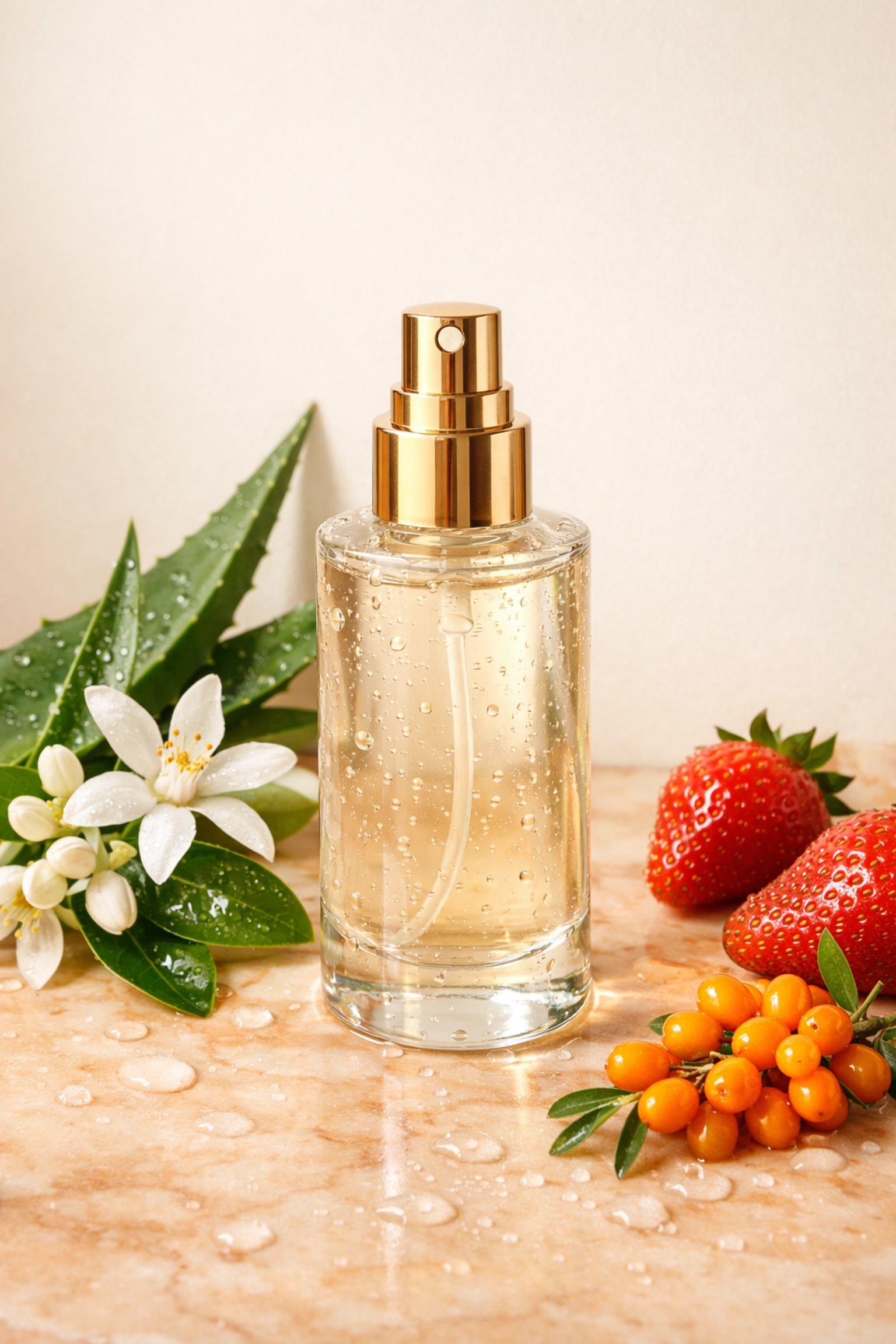 Dew Drops face mist with fresh botanical ingredients including orange blossoms and berries