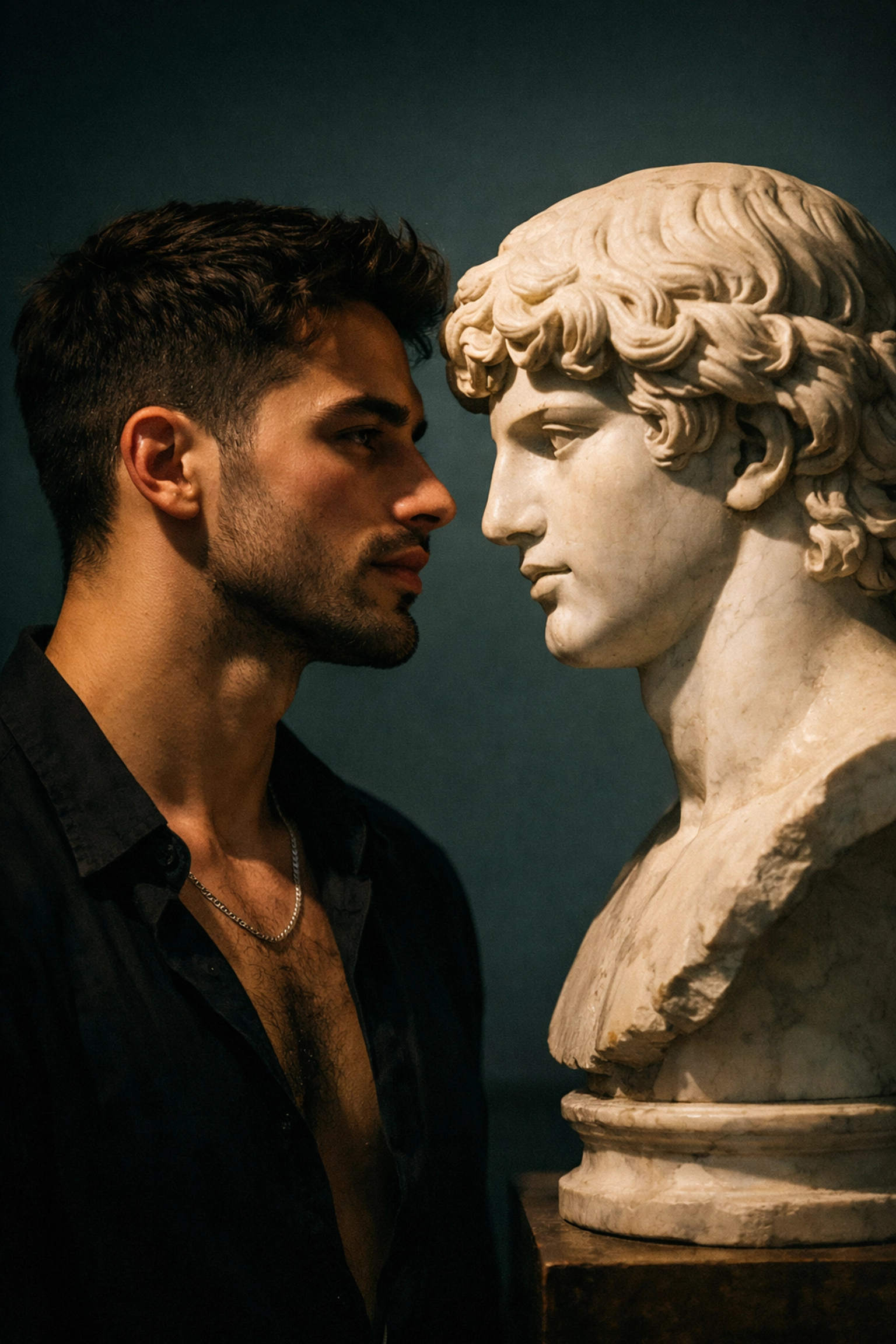 A modern gay man connecting with a classical marble statue, finding queer identity in ancient art.