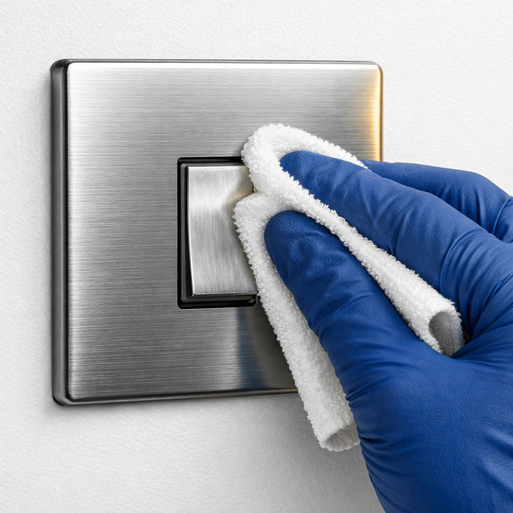 Disinfecting a light switch as part of professional deep cleaning services Boston.
