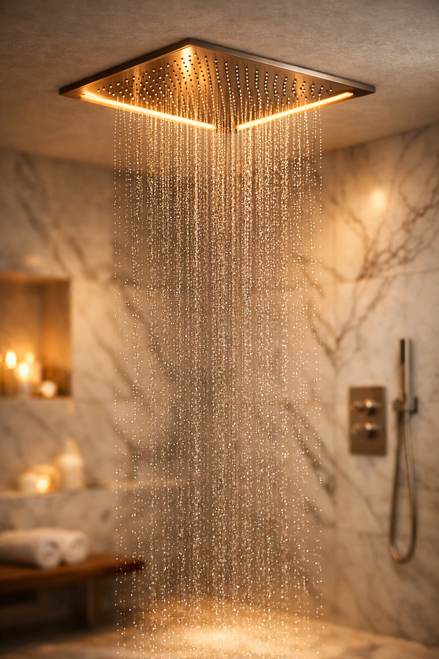 Modern spa-style rain shower with book-matched marble wall tiles in a luxury bathroom.