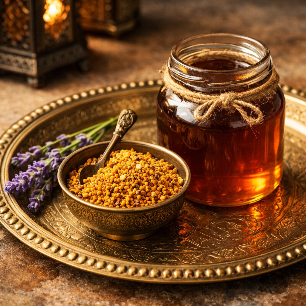 Traditional Moroccan tray with bee pollen and honey for immune system support.